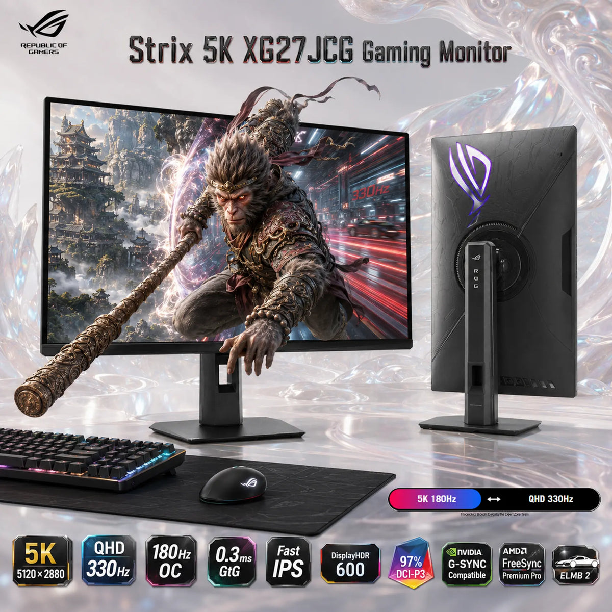 ASUS ROG Strix 5K XG27JCG 27-Inch Fast IPS Gaming Monitor, 5K 180Hz OC or QHD 330Hz Dual Mode, 0.3ms GtG, DisplayHDR 600, G-SYNC Compatible, FreeSync Premium Pro, 4-Way Adjustable Stand