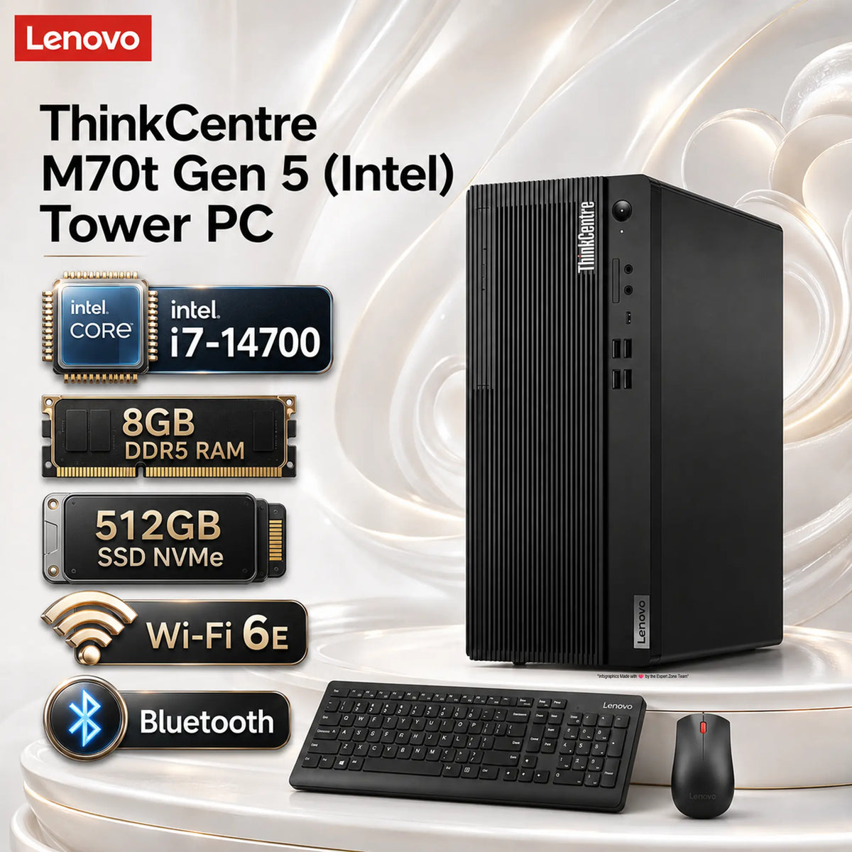 LENOVO ThinkCentre M70t Gen 5 Desktop Intel® Core i7-14700 | 8GB DDR5 RAM ; 512 SSD NVMe® | Intel® UHD Graphics 770 | DOS | Intel® vPro® Enterprise | Wi-Fi® 6E + BT5.3 + Ethernet | Wired Mouse & Keyboard Included | BLACK | 1 YEAR WARRANTY