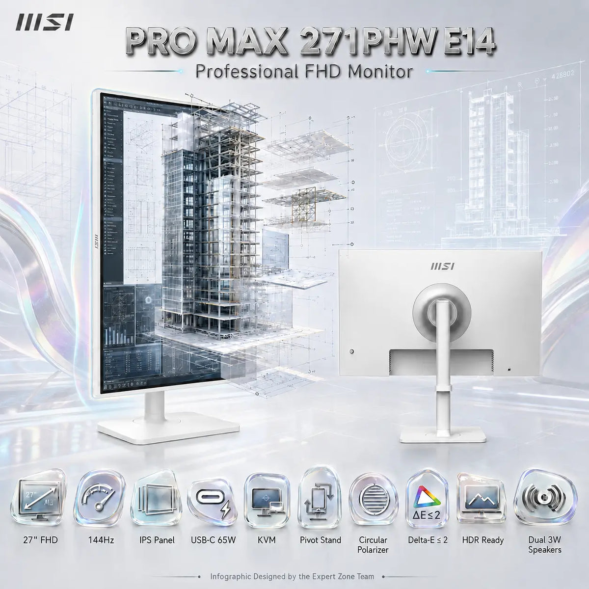MSI PRO MAX 271PHW E14 27-Inch FHD 144Hz IPS Monitor, USB-C 65W, KVM, Circular Polarizer, HDR Ready, FreeSync, Pivot Stand, Delta-E ≤ 2 & Dual Speakers | WHITE