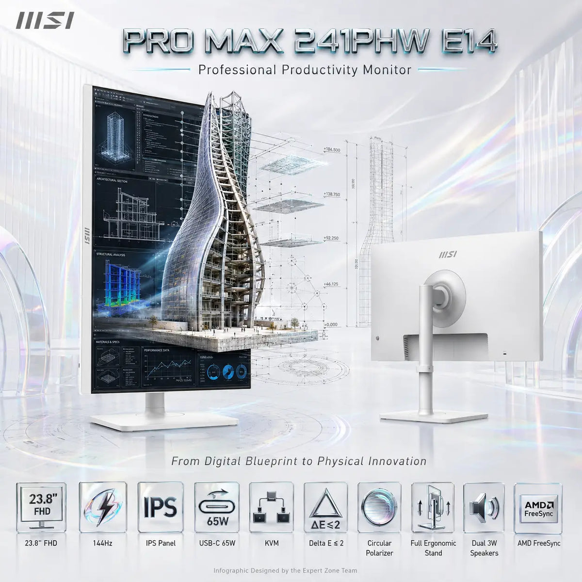 MSI PRO MAX 241PHW E14 23.8-Inch FHD 144Hz IPS Business Monitor, USB-C 65W PD, KVM, Delta E ≤ 2, FreeSync, EyesErgo+, Pivot Stand, Dual 3W Speakers & USB Hub