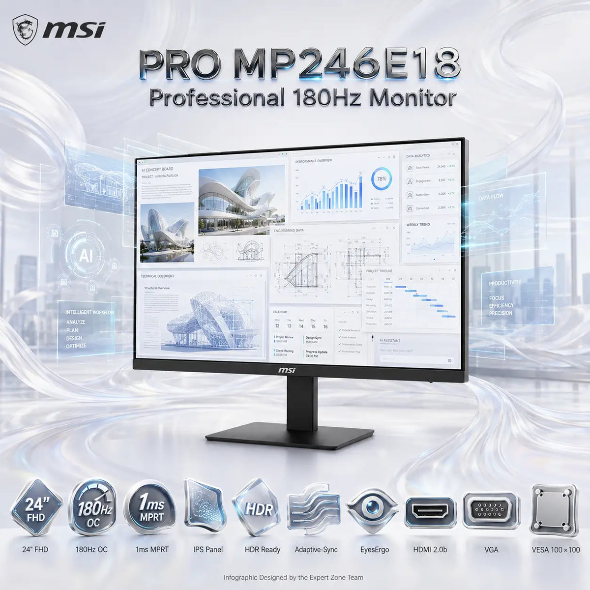 MSI PRO MP246E18 24-Inch FHD 180Hz IPS Business Monitor, 1ms MPRT, HDR Ready, Adaptive-Sync, HDMI 2.0b, 108.58% sRGB, Tilt Adjustment, VESA 100 × 100mm