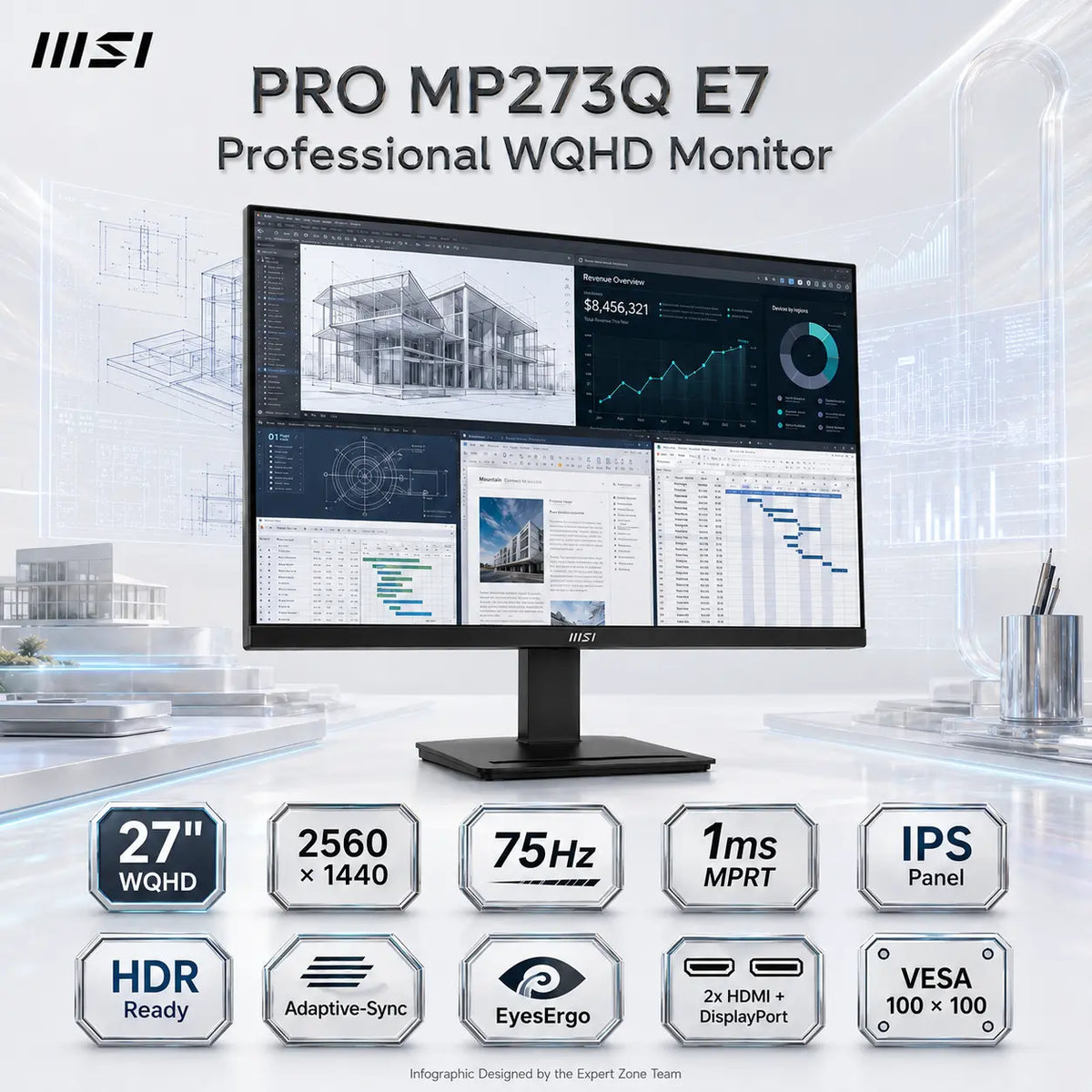 MSI PRO MP273Q E7 27-Inch WQHD 75Hz IPS Business Monitor, HDR Ready, Adaptive-Sync, EyesErgo, 2x HDMI 2.0, DisplayPort 1.2a, VESA Mount & MSI Power Link