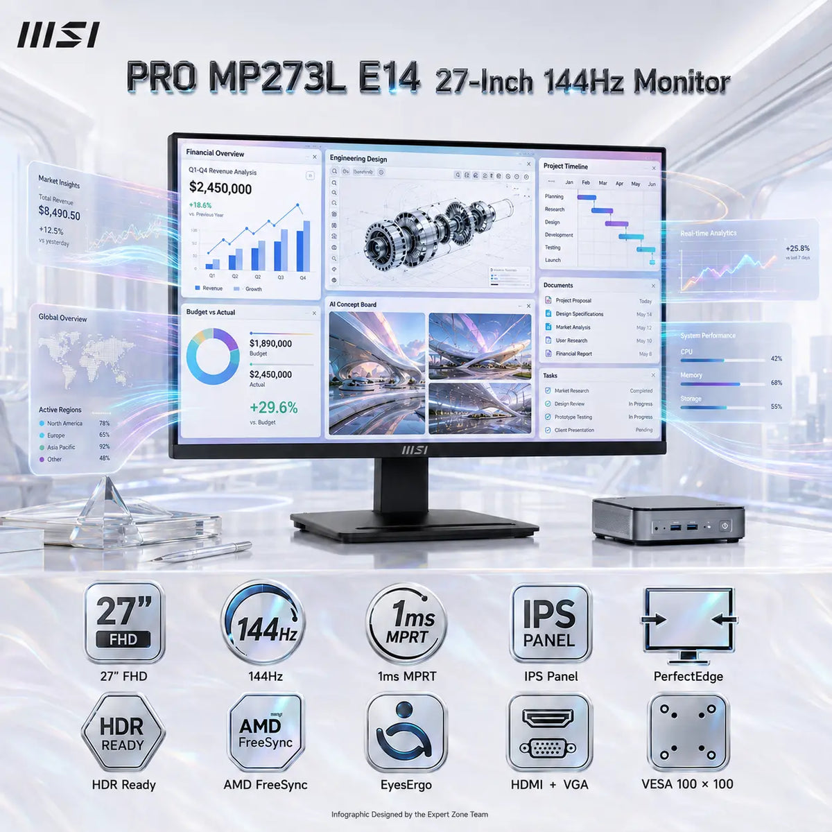 MSI PRO MP273L E14 27-Inch FHD 144Hz IPS Business Monitor, HDR Ready, AMD FreeSync, PerfectEdge, EyesErgo, HDMI 2.0, VGA, VESA Mount & MSI Power Link