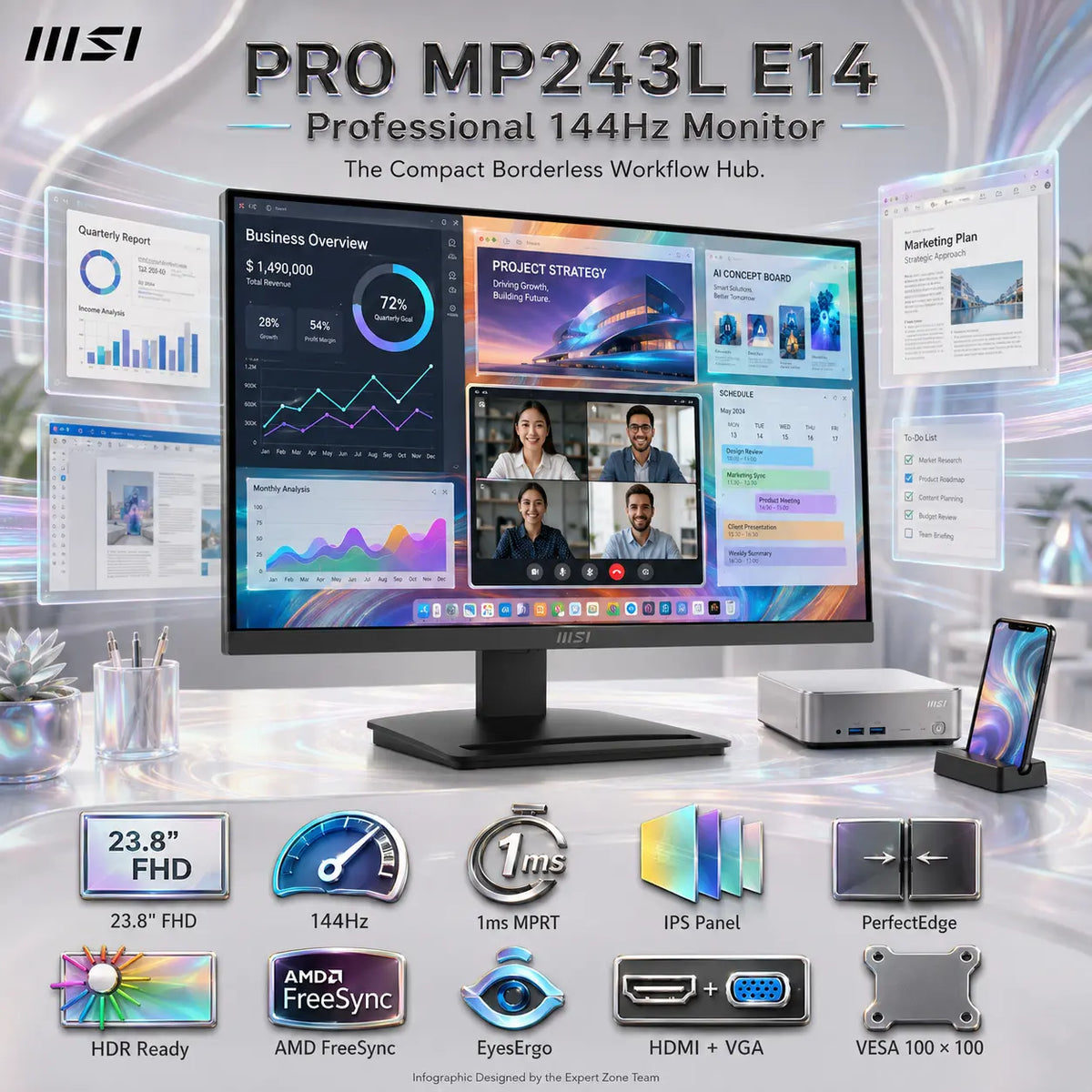 MSI PRO MP243L E14 23.8-Inch FHD 144Hz IPS Business Monitor, 1ms MPRT, HDR Ready, AMD FreeSync, PerfectEdge, EyesErgo, HDMI, VGA, VESA Mount & MSI Power Link