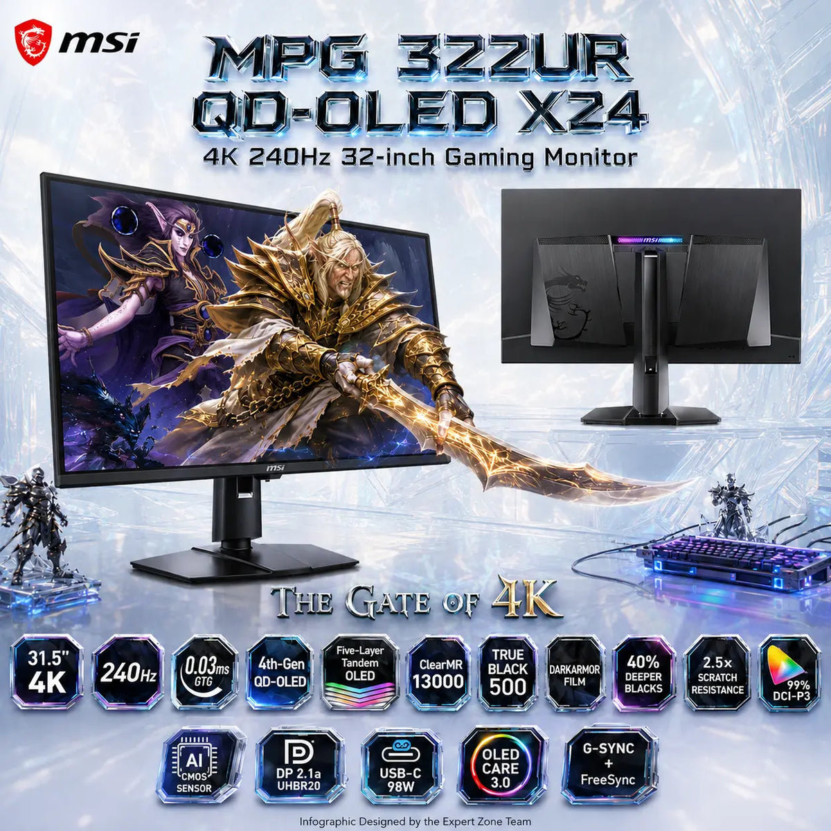 MSI MPG 322UR QD-OLED X24 31.5-Inch 4K 240Hz QD-OLED Gaming Monitor, 0.03ms, ClearMR 13000, DisplayHDR True Black 500, DarkArmor Film, G-SYNC, AMD FreeSync Premium Pro & KVM