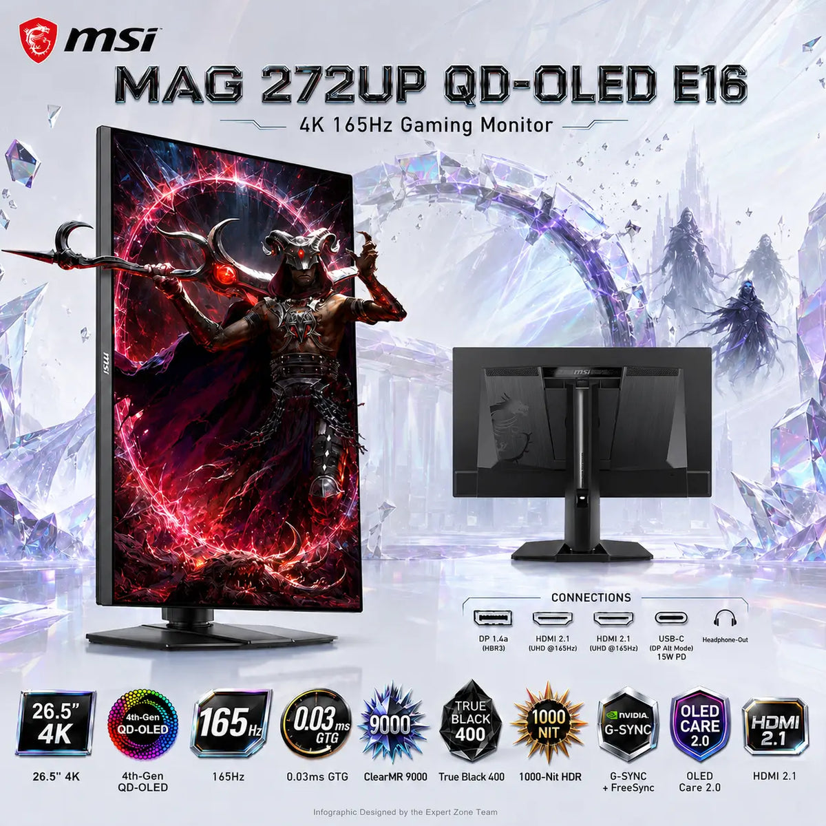 MSI MAG 272UP QD-OLED E16 26.5-Inch 4K 165Hz QD-OLED Gaming Monitor, 0.03ms, ClearMR 9000, True Black 400, G-SYNC, FreeSync Premium Pro, HDMI 2.1 & USB-C