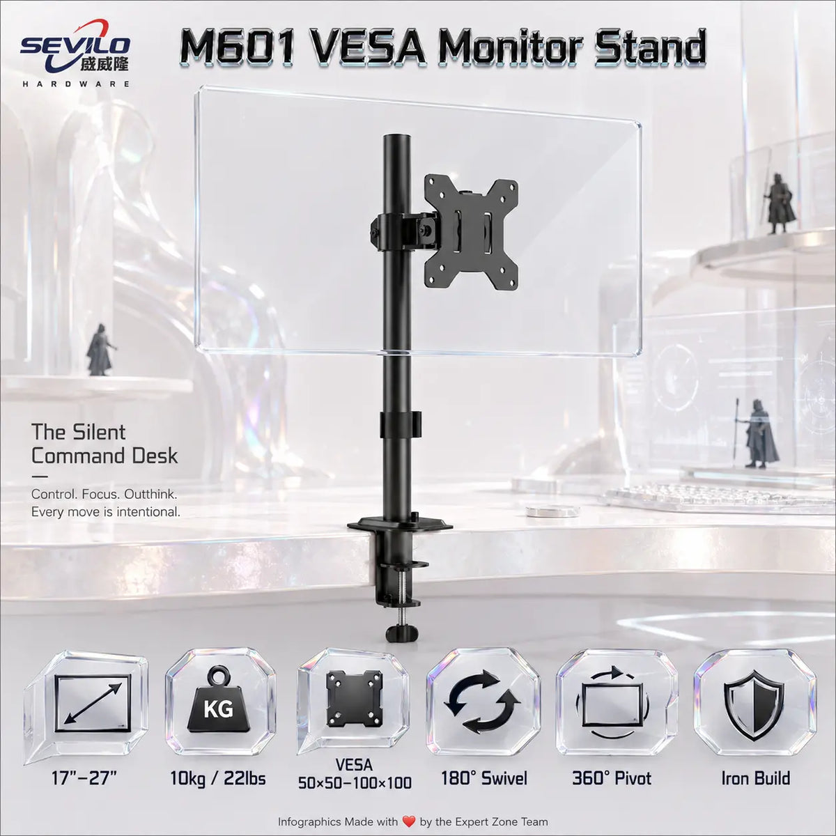 SEVILO HARDWARE Single Monitor Desk Mount Stand for 17–27 Inch Displays, 10kg Load, 180° Swivel, 360° Pivot, VESA 50×50–100×100mm | M601