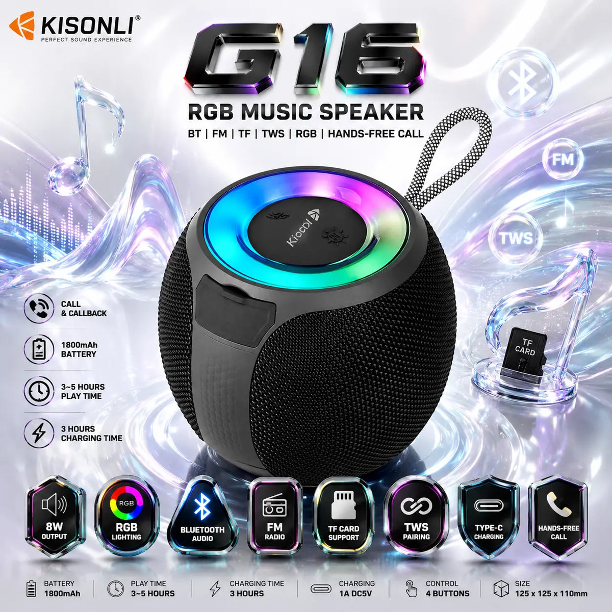 KISONLI G16 RGB Portable Speaker, 8W Bluetooth Audio, FM, TF, TWS, Hands-Free Call, Type-C Charging, 1800mAh Battery, Black