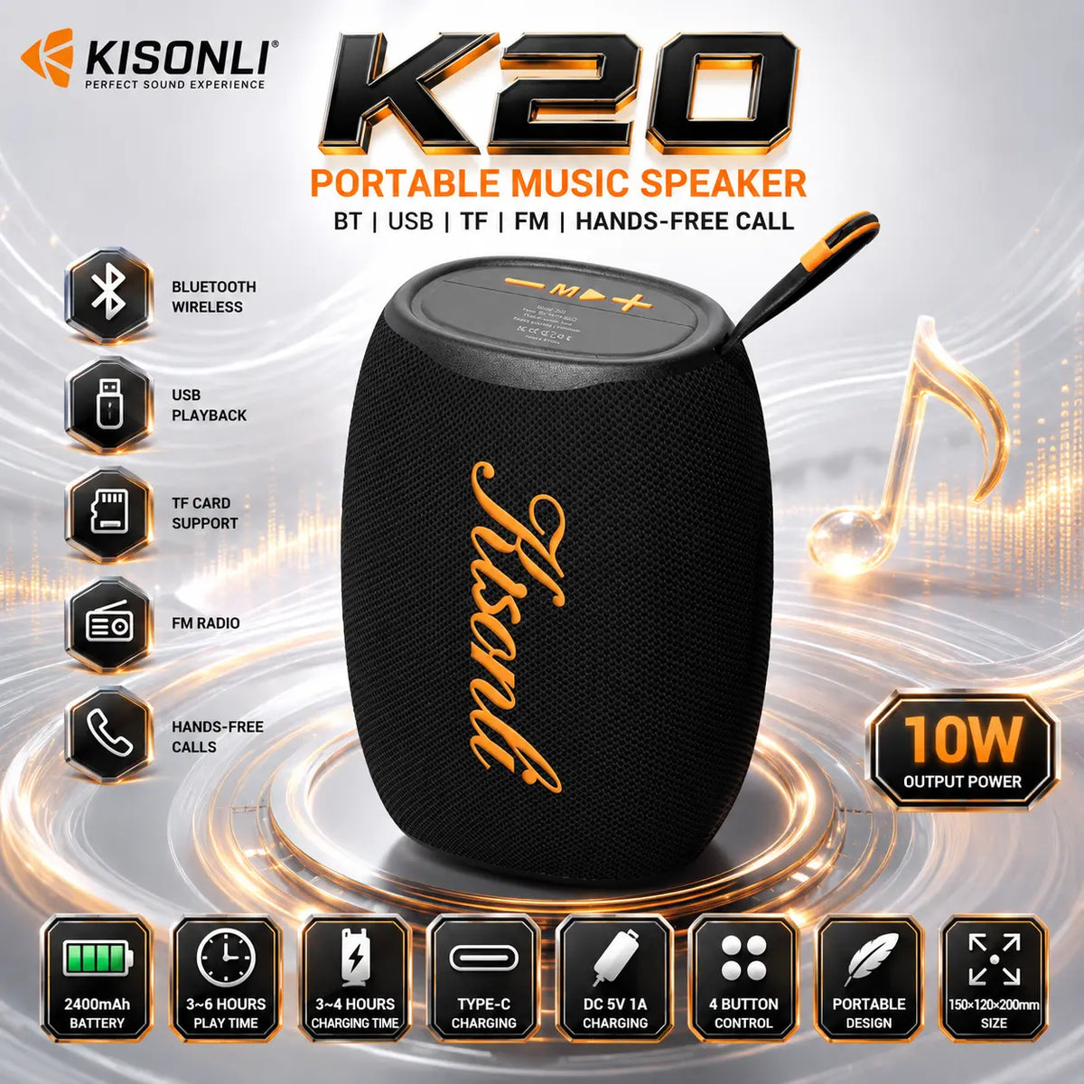 KISONLI K20 Portable Bluetooth Speaker, 10W Output, 2400mAh Battery, BT / USB / TF / FM, Hands-Free Calls, Type-C Charging, Black