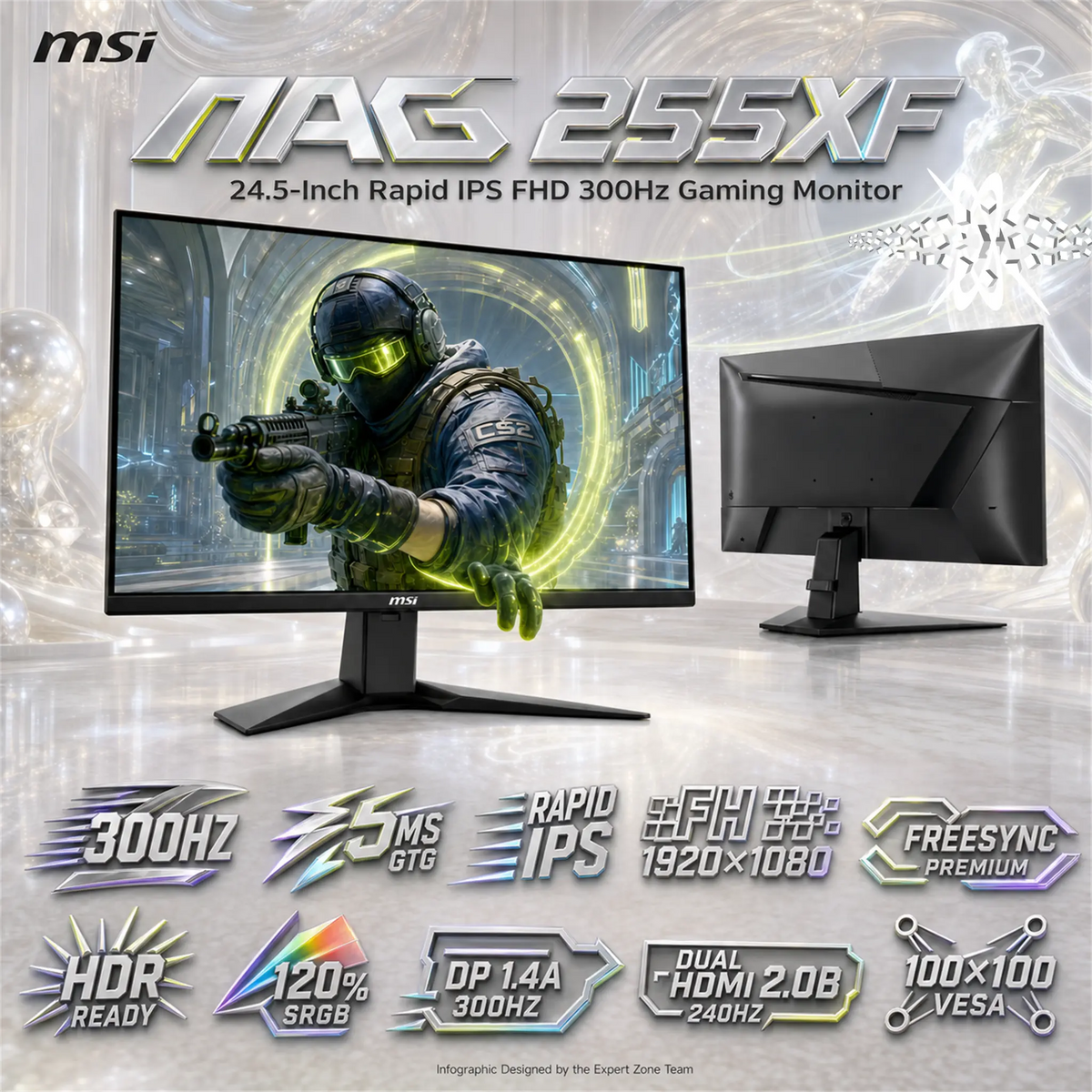 MSI MAG 255XF 25 inch FHD 300Hz Flat Gaming Monitor ; FHD (1920 x 1080) Rapid IPS Panel 0.5ms (GtG, Min.) ; Adaptive-sync ; AI Vision ; Less Blue Light ; DisplayPort 1.4a + 2 x HDMI™ 2.0b | Metallic Black ~ 6 MONTHS WARRANTY