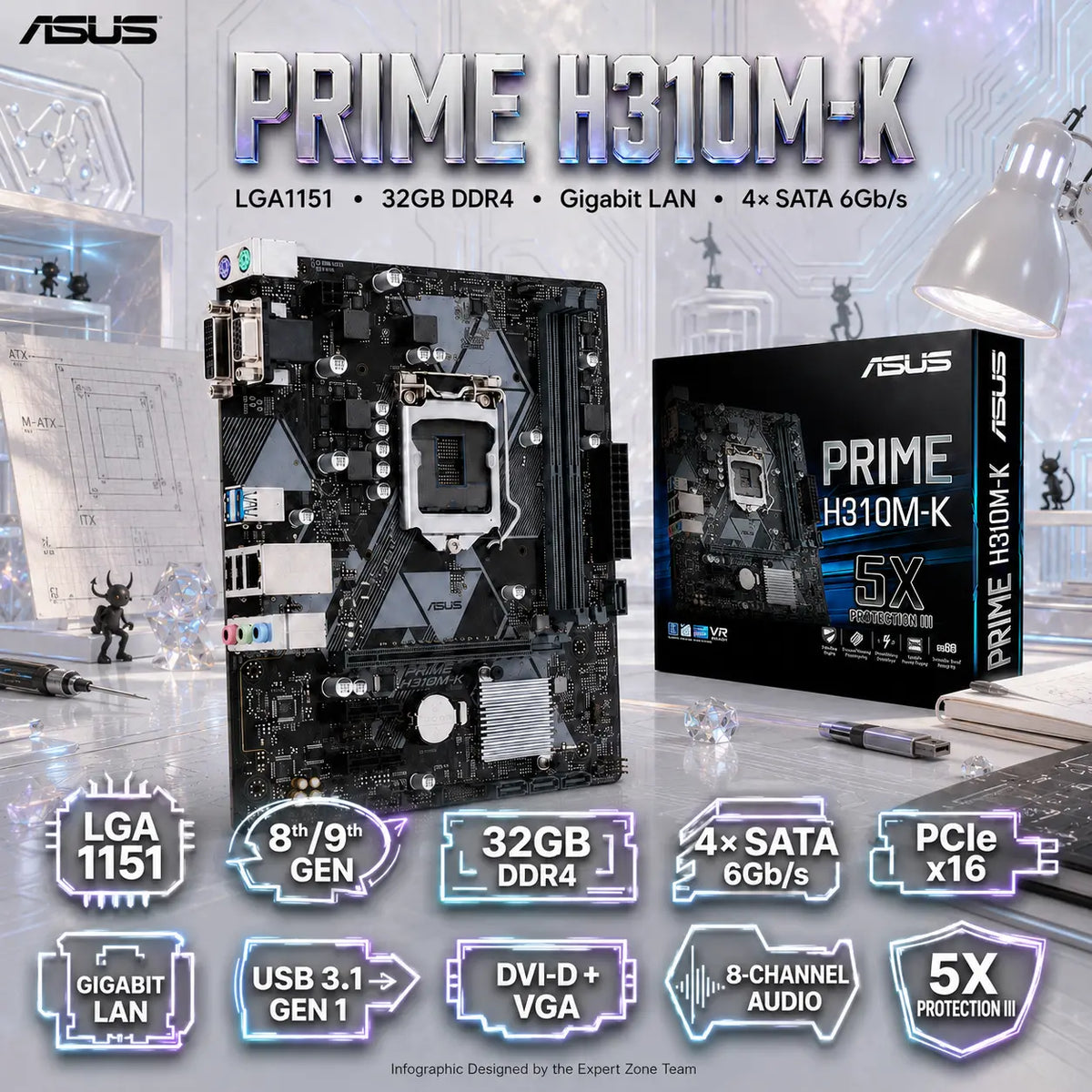 ASUS Prime H310M-K mATX LGA1151 Motherboard, 32GB DDR4, Gigabit LAN, 4 SATA 6Gbps, DVI-D, VGA, USB 3.1 Gen 1, 5X Protection III, Fan Xpert, UEFI BIOS, For 8th/9th Gen Intel