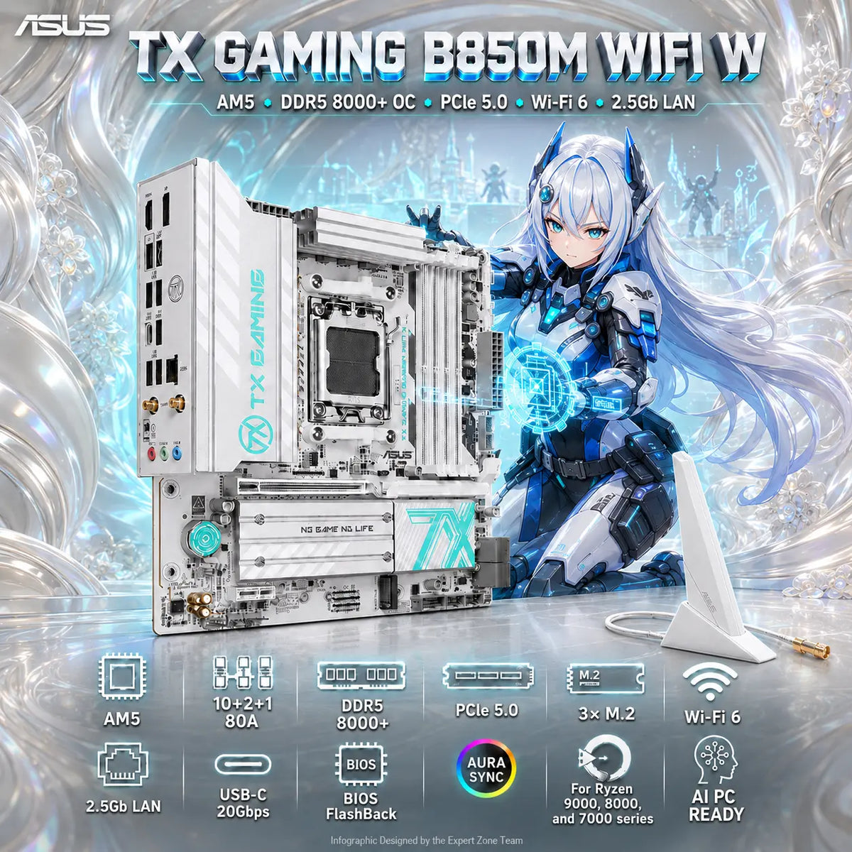 ASUS TX Gaming B850M WiFi W AMD mATX AM5 Motherboard, 10+2+1 80A Power, 4x DDR5 8000+ OC, PCIe 5.0, 3 M.2, Wi-Fi 6, 2.5Gb LAN, USB-C 20Gbps, BIOS FlashBack, PCIe 5.0 M.2, For Ryzen 9000, 8000, and 7000 series