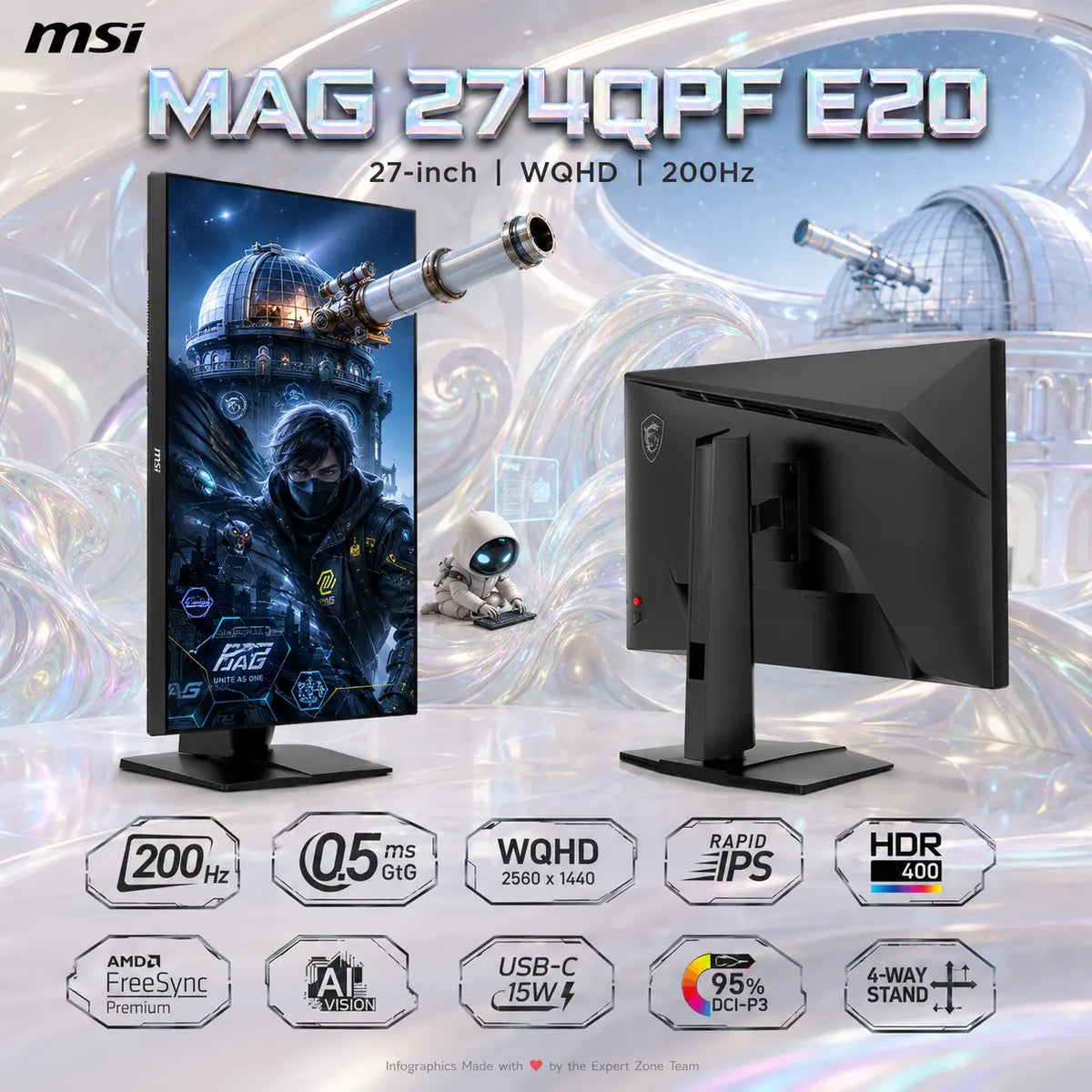 MSI MAG 274QPF E20 27-Inch WQHD Rapid IPS Gaming Monitor – 200Hz, 0.5ms GtG, DisplayHDR 400, FreeSync Premium, USB-C, HDMI 2.0b, DP 1.4a, AI Vision, 95% DCI-P3, 4-Way Adjustable Stand