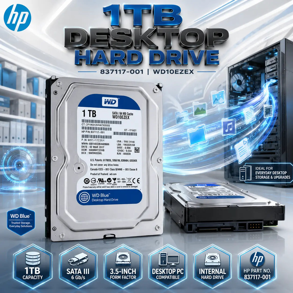 HP 837117-001 Western Digital WD Blue 1TB 3.5-Inch Internal Desktop Hard Drive – SATA III Connectivity, 1024GB Storage, Model WD10EZEX