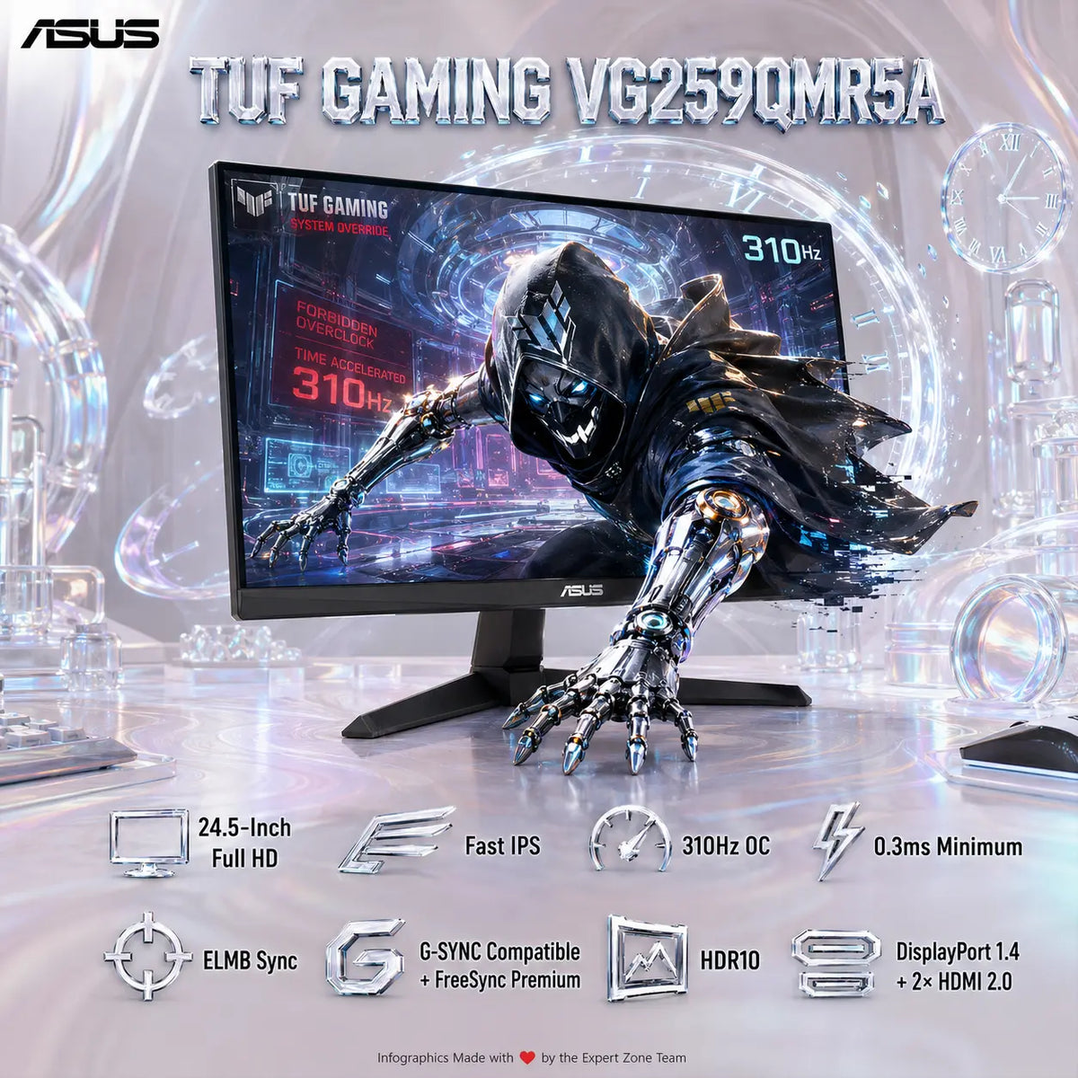 ASUS TUF Gaming VG259QMR5A 24.5-Inch Fast IPS Monitor – 310Hz OC, 0.3ms Min, ELMB Sync, HDR10, G-SYNC, FreeSync Premium, HDMI 2.0 & DP 1.4, Dual 2W Speakers