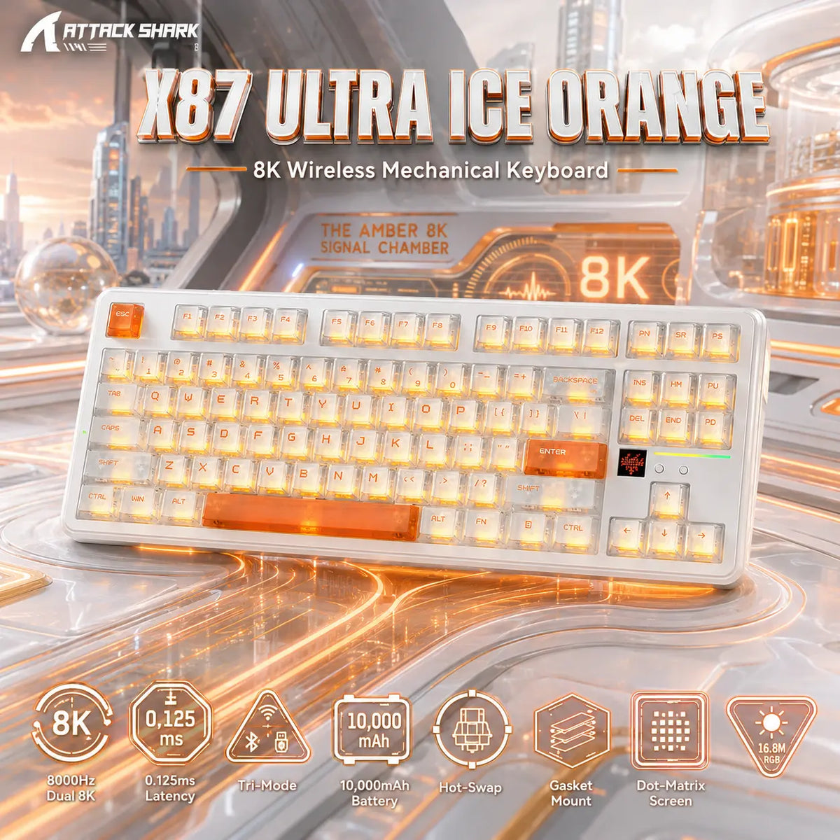ATTACK SHARK X87 ULTRA Tri-Mode 8K Wireless Mechanical Keyboard – 10,000mAh Battery, Hot-Swap FR4 Gasket Build, Dot-Matrix Display & South-Facing RGB
