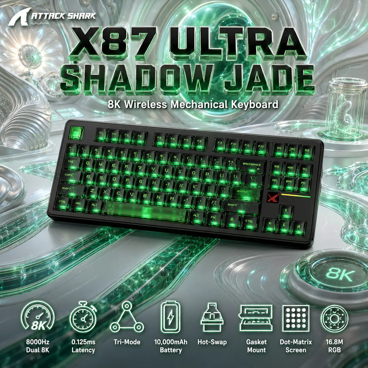 ATTACK SHARK X87 ULTRA Shadow Jade Tri-Mode 8K Wireless Mechanical Keyboard – 10,000mAh Battery, Hot-Swap FR4 Gasket Build, Dot-Matrix RGB Display for PC/Mac -Shadow Jade