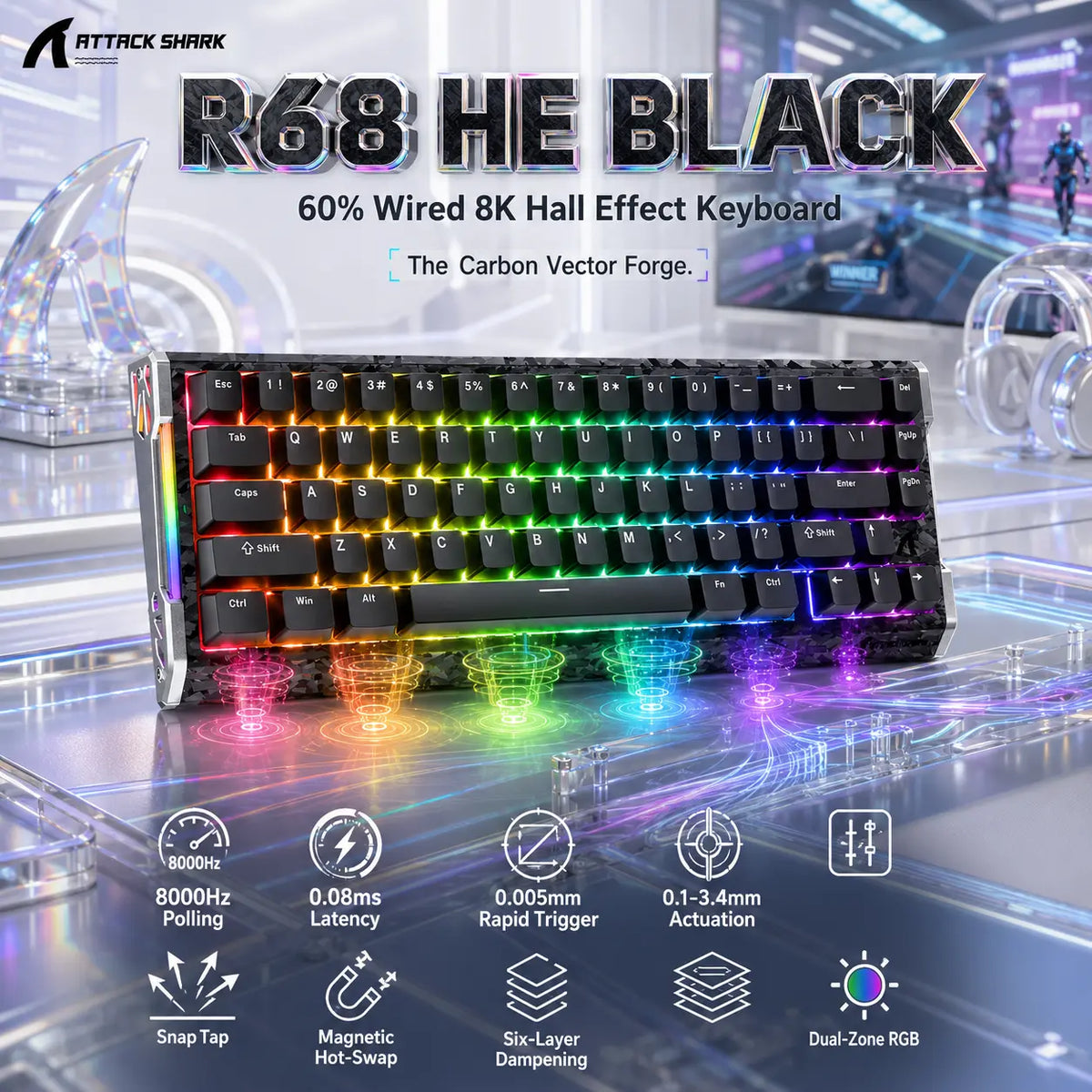 ATTACK SHARK R68 HE Black 66-Key 8K Hall Effect Keyboard – 0.005mm Rapid Trigger, 0.08ms Latency, Snap Tap, Hot-Swap Magnetic Switches, PBT Keycaps & RGB-BLACK