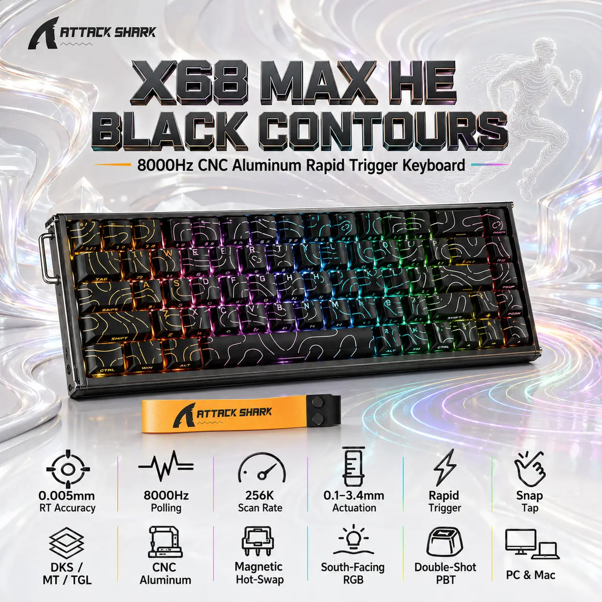 Attack Shark X68 Max HE Black Contours 68-Key CNC Aluminum Magnetic Gaming Keyboard – 8000Hz, 0.005mm Rapid Trigger, Adjustable Actuation, Snap Tap, RGB & PBT Keycaps
