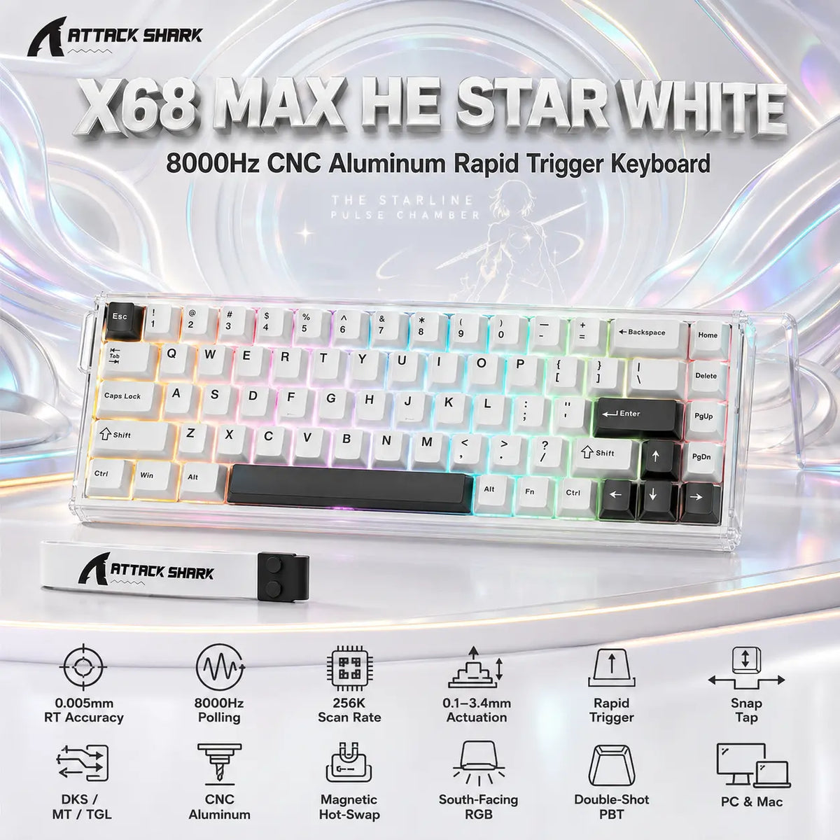 Attack Shark X68 Max HE Star White 68-Key CNC Aluminum Magnetic Gaming Keyboard – 8000Hz Polling, 0.005mm Rapid Trigger, Snap Tap, Adjustable Actuation, RGB & PBT Keycaps -STARYWHITE