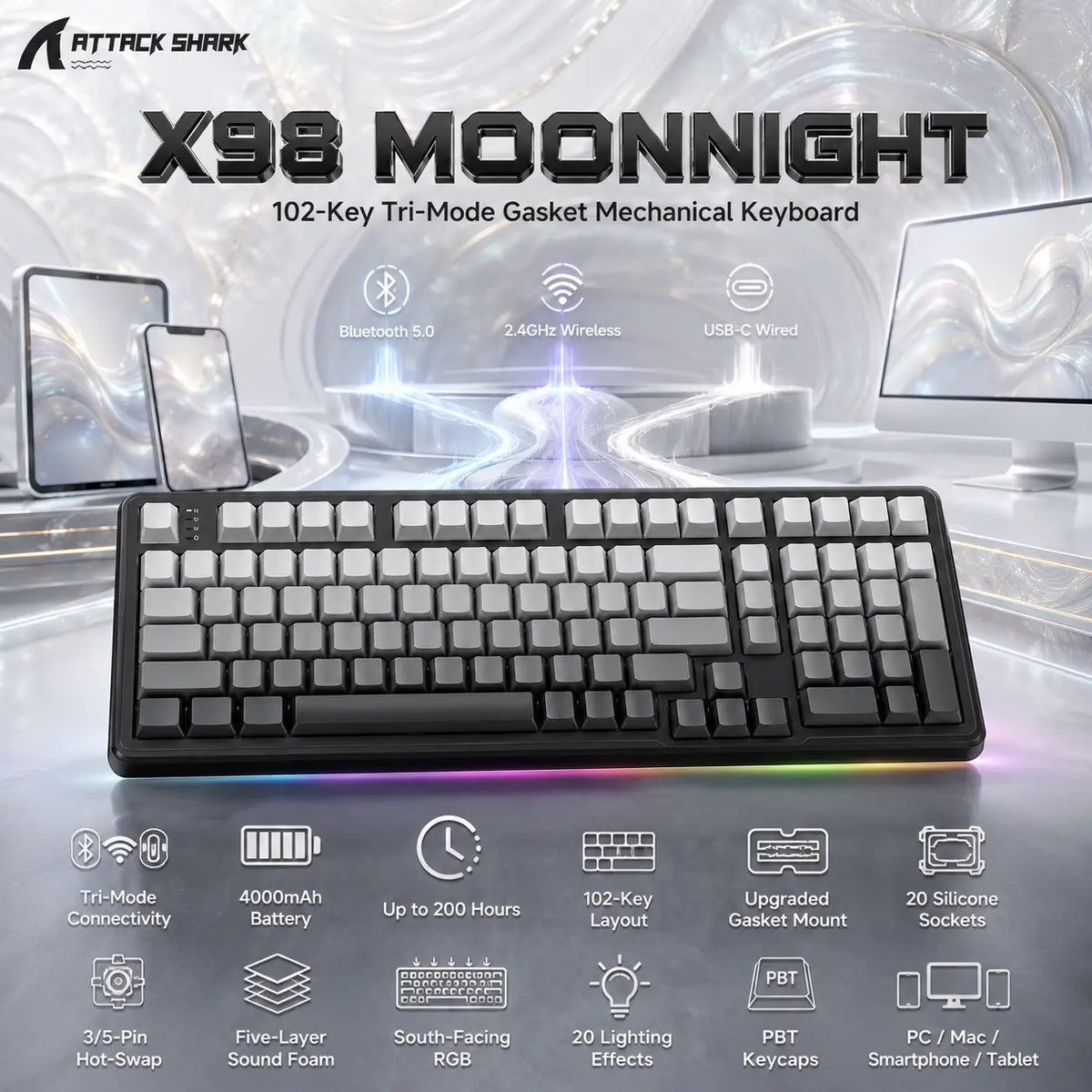Attack Shark X98 Moonnight 102-Key Tri-Mode Gasket Mechanical Keyboard – 2.4G, Bluetooth 5.0, USB-C, 4000mAh, Hot-Swap, South-Facing RGB, PBT Keycaps & Linear Switches-STRAWBERYSWITCH/MOONNIGHT