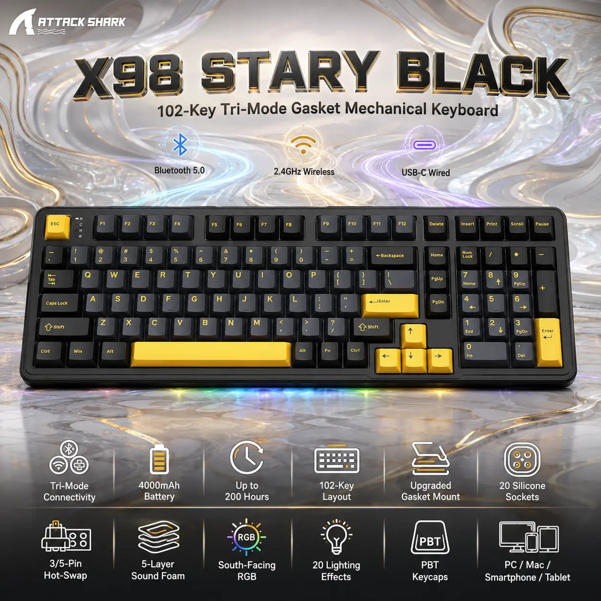Attack Shark X98 Stary Black 102-Key Tri-Mode Mechanical Keyboard – Bluetooth 5.0, 2.4G, USB-C, 4000mAh Battery, Hot-Swap, Gasket Mount, RGB & PBT Keycaps -STARYBLACK