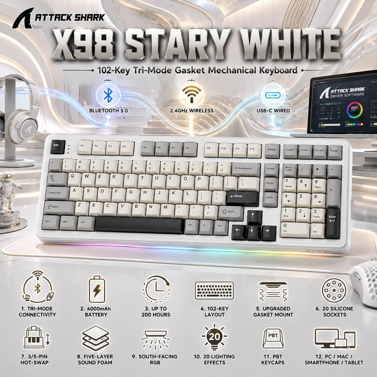 Attack Shark X98 Stary White 102-Key Tri-Mode Gasket Mechanical Keyboard – Bluetooth 5.0, 2.4G, USB-C, 4000mAh Battery, Hot-Swap, RGB, PBT Keycaps & Full Anti-Ghosting -STARYWHITE