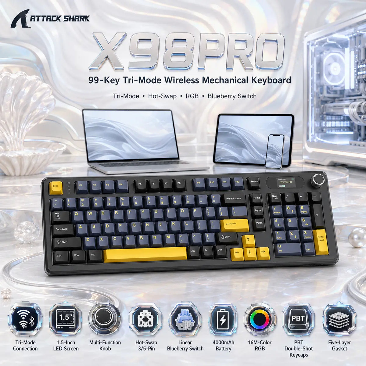 ATTACK SHARK X98PRO Star Black 99-Key Tri-Mode Wireless Mechanical Keyboard With LED Screen, Knob, RGB, Hot-Swap PCB, Blueberry Switches, PBT Keycaps & 4000mAh Battery