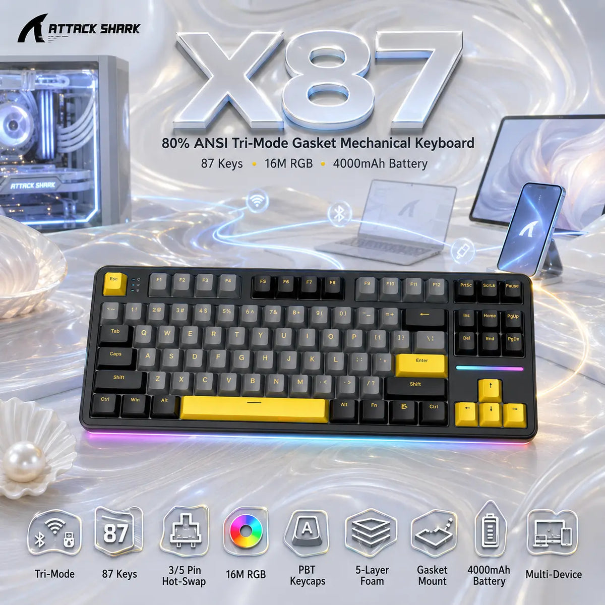 ATTACK SHARK X87 Star Black 87-Key Tri-Mode Gasket Mechanical Keyboard With 16M RGB, Hot-Swap 3/5-Pin Support, PBT Keycaps, 4000mAh Battery & TKL 80% Layout