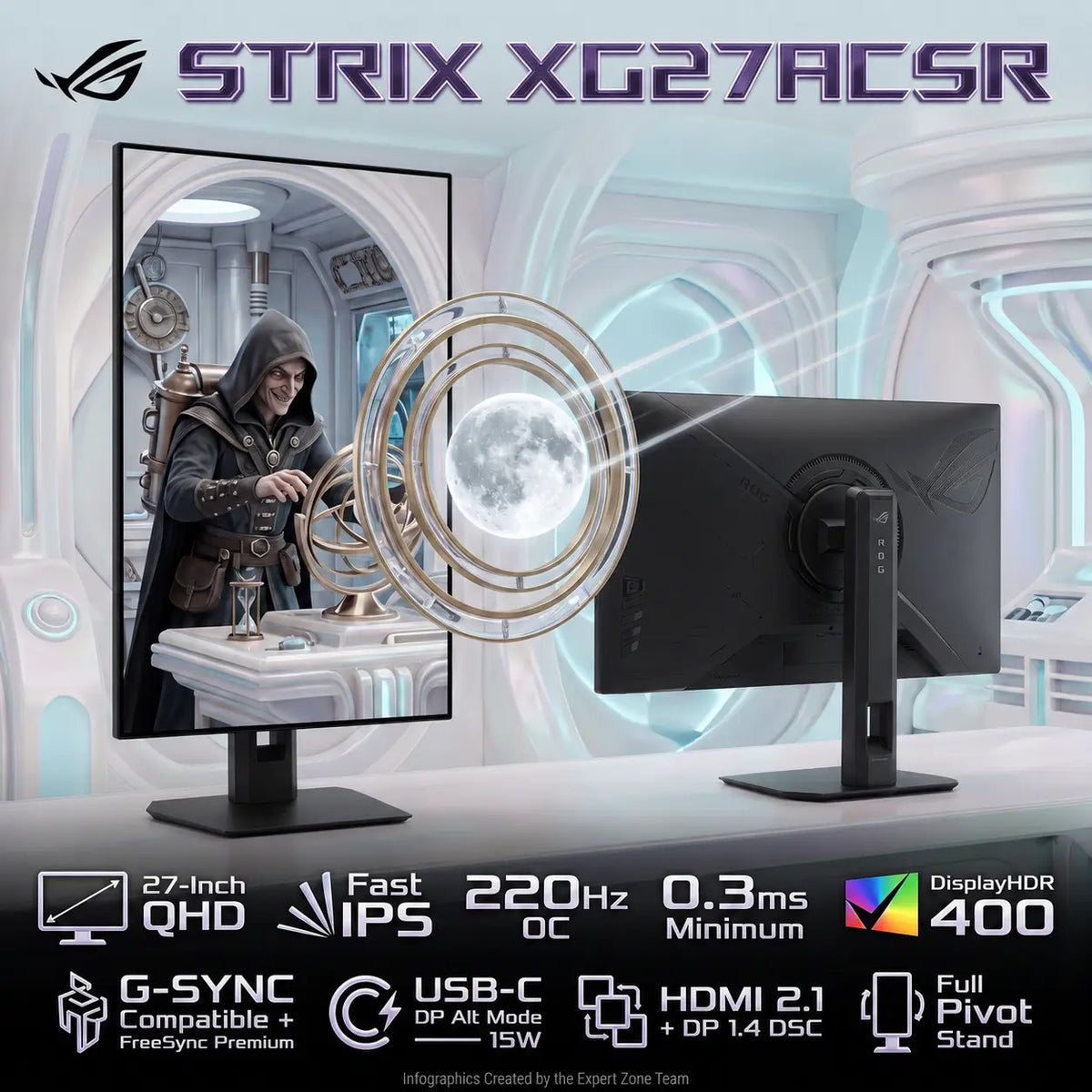 ASUS ROG Strix XG27ACSR 27-Inch QHD Fast IPS Monitor – 220Hz OC, 0.3ms Min, DisplayHDR 400, G-SYNC Compatible, FreeSync Premium, HDMI 2.1, DP 1.4 DSC & USB-C 15W