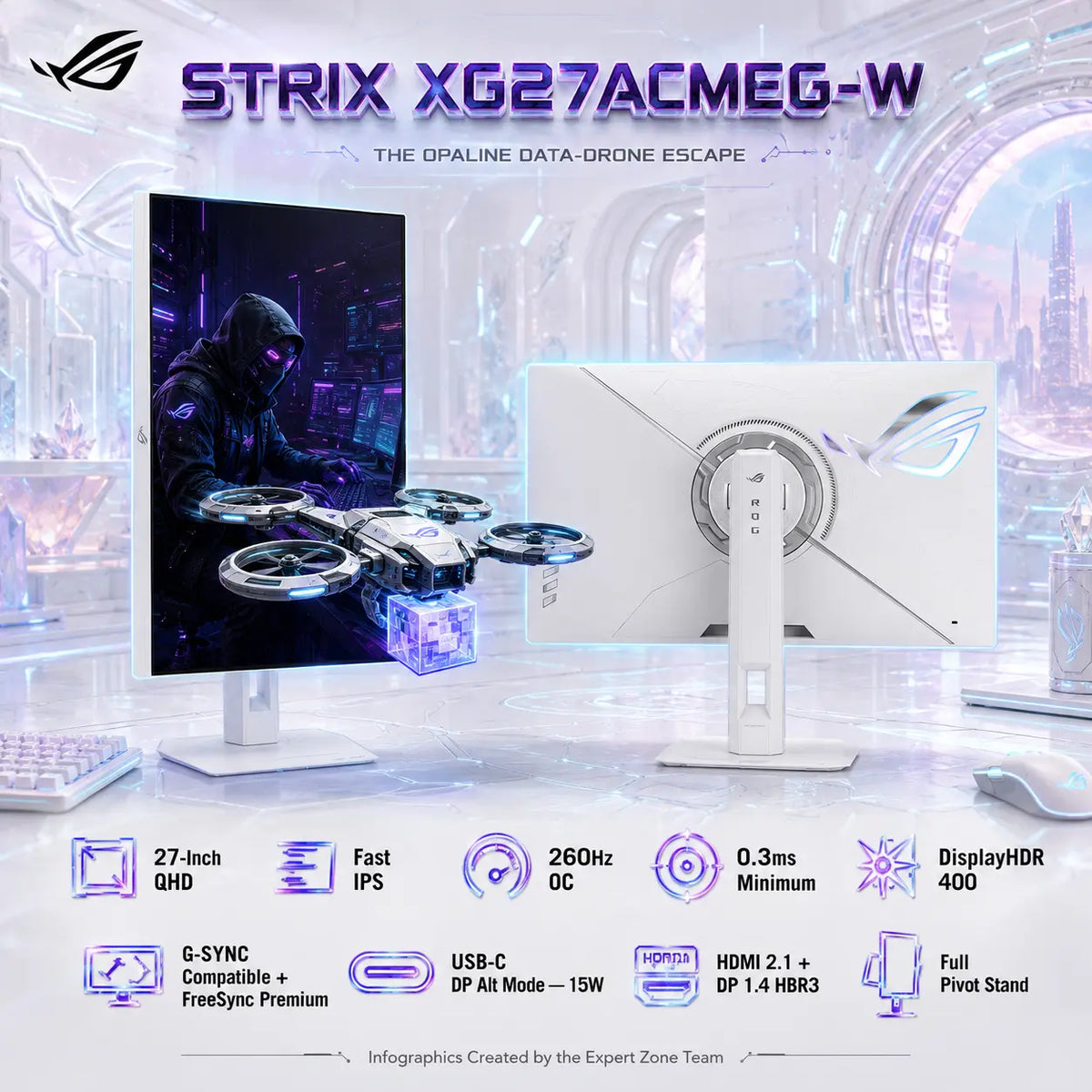 ASUS ROG Strix XG27ACMEG-W 27-Inch QHD Fast IPS Monitor – 260Hz OC, 0.3ms Min, DisplayHDR 400, G-SYNC Compatible, FreeSync Premium, 4-Way Adjustable Stand