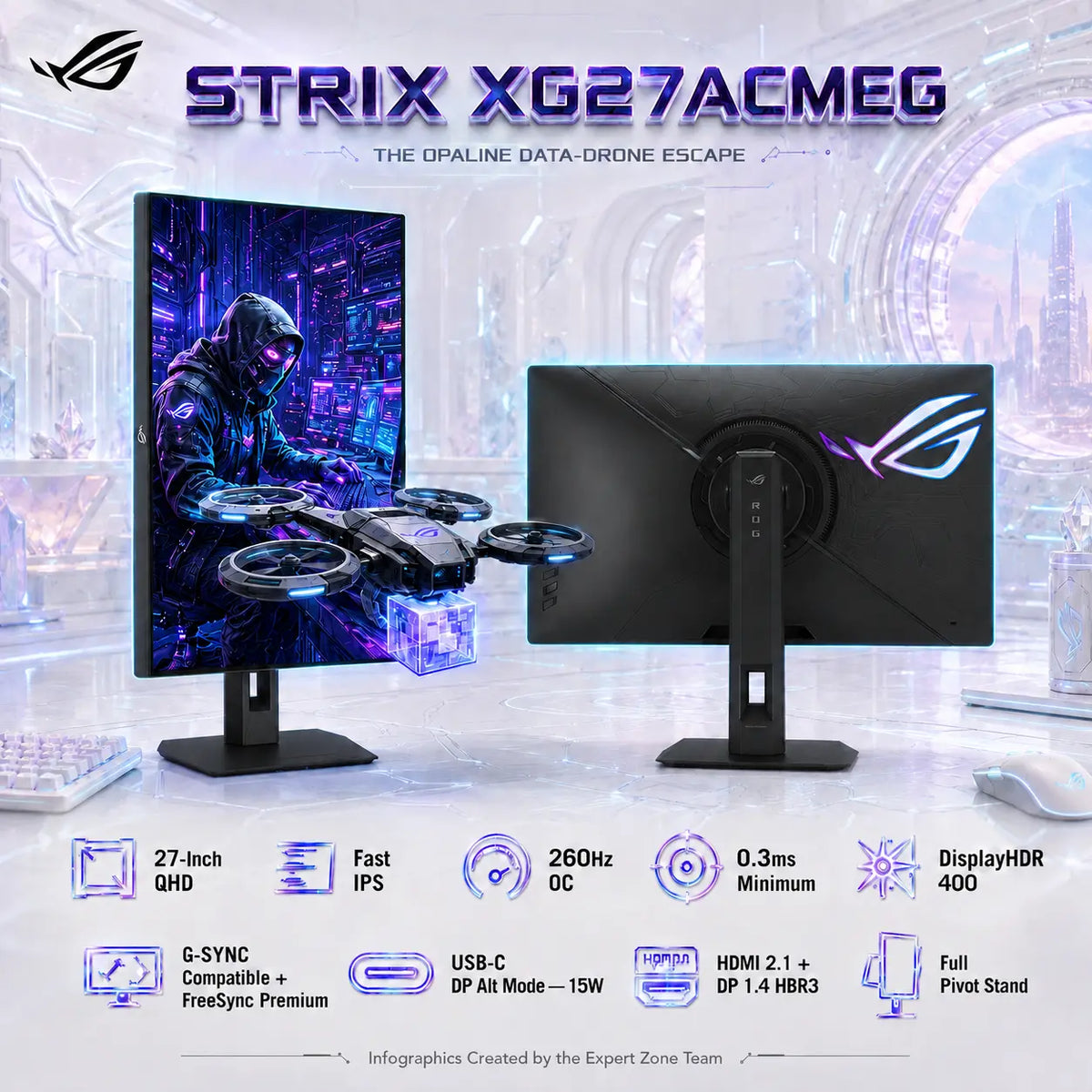 ASUS ROG Strix XG27ACMEG 27-Inch QHD Fast IPS Monitor – 260Hz OC, 0.3ms Min, DisplayHDR 400, G-SYNC Compatible, FreeSync Premium, 4-Way Adjustable Stand