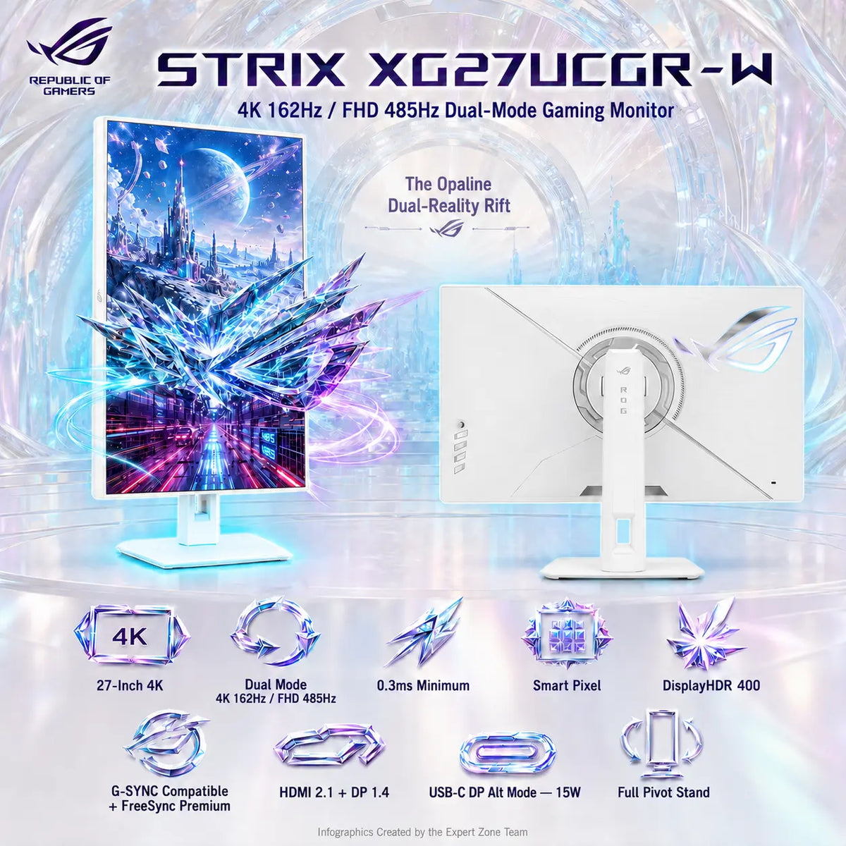 ASUS ROG Strix XG27UCGR-W 27-Inch 4K Fast IPS Dual-Mode Monitor – [4K 162Hz / FHD 485Hz] , 0.3ms Min, DisplayHDR 400, G-SYNC, FreeSync Premium, HDMI 2.1, DP 1.4 & USB-C 15W