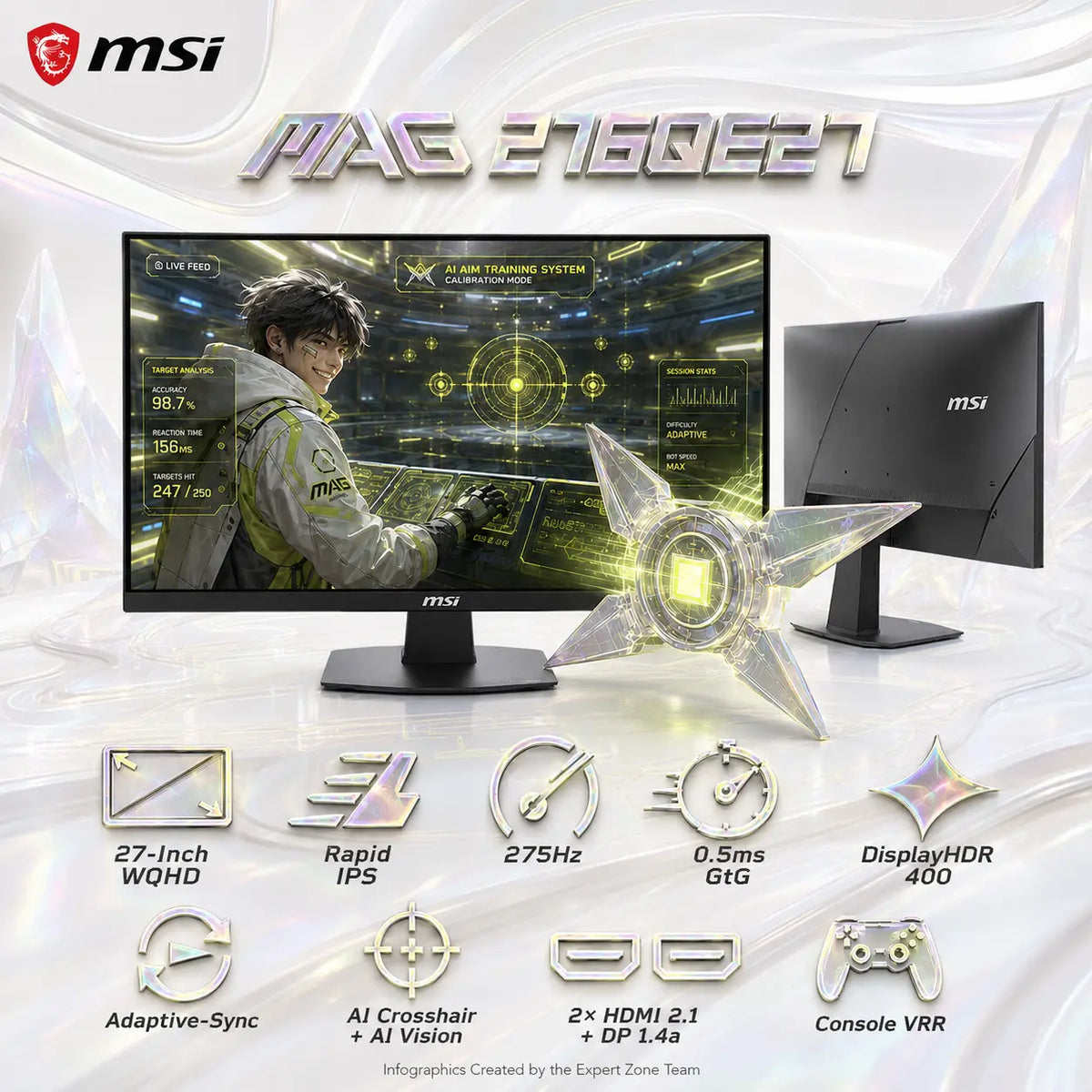 MSI MAG 276QE27 27-Inch WQHD Rapid IPS Gaming Monitor – 275Hz, 0.5ms GtG, DisplayHDR 400, Adaptive-Sync, Dual HDMI 2.1 FRL, DisplayPort 1.4a, AI Vision, PIP/PBP & Console VRR Ready