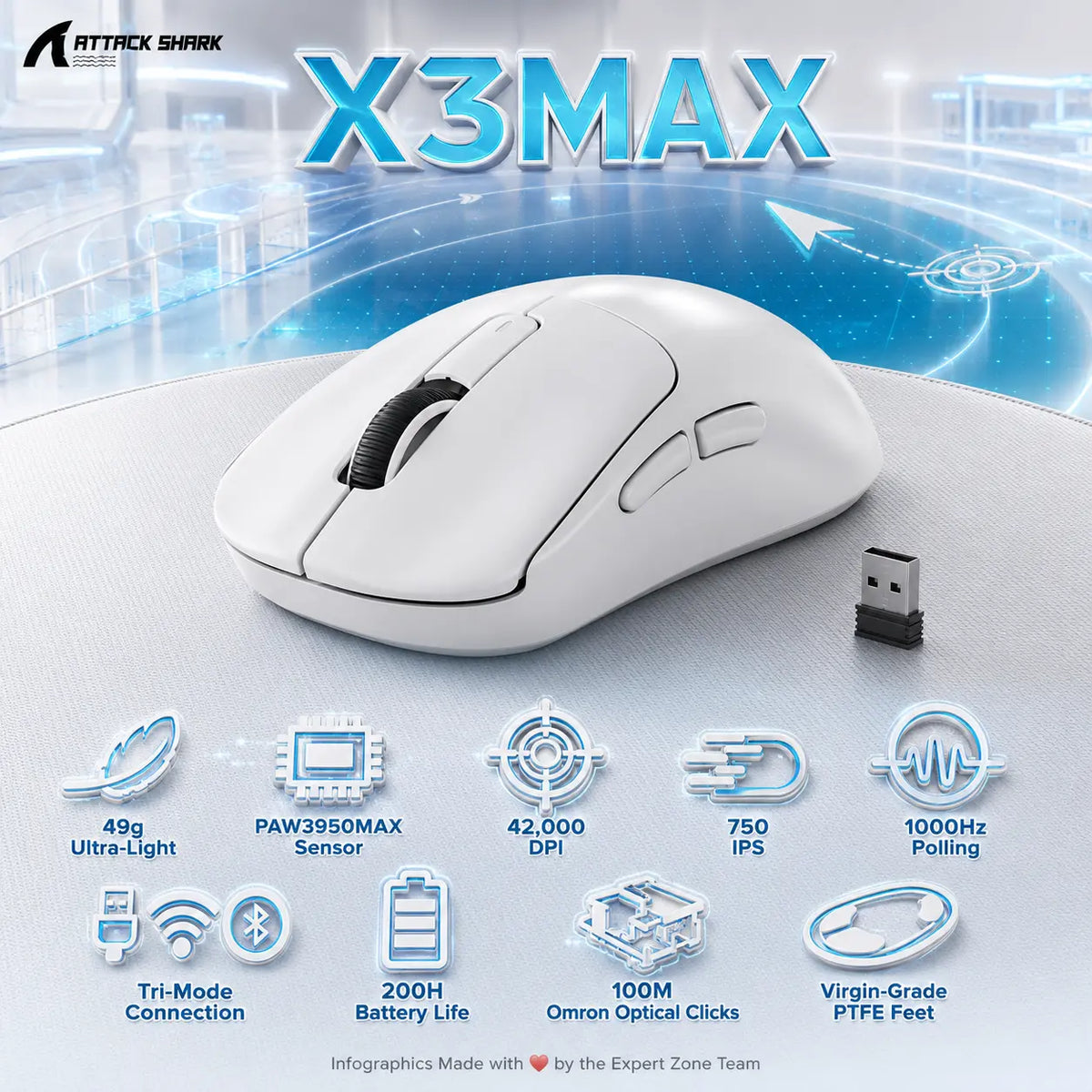 Attack Shark X3MAX Wireless Gaming Mouse – 49g, PAW3950MAX, 42,000 DPI, 750 IPS, 50G, Tri-Mode, 1000Hz, 200H Battery, Omron Optical Switches, PTFE Feet, Nano Receiver, USB-C | WHITE