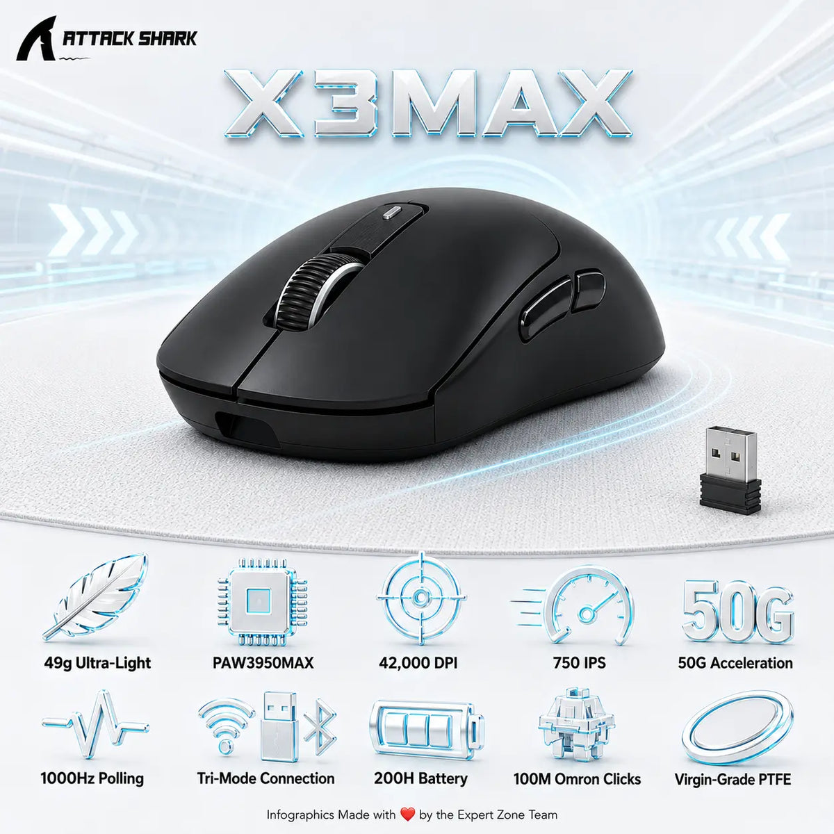 Attack Shark X3MAX Wireless Gaming Mouse – 49g, PAW3950MAX, 42,000 DPI, 750 IPS, 50G, 1000Hz, Tri-Mode, 200H Battery, Omron Optical Switches, PTFE Feet and Web Driver Support | BLACK