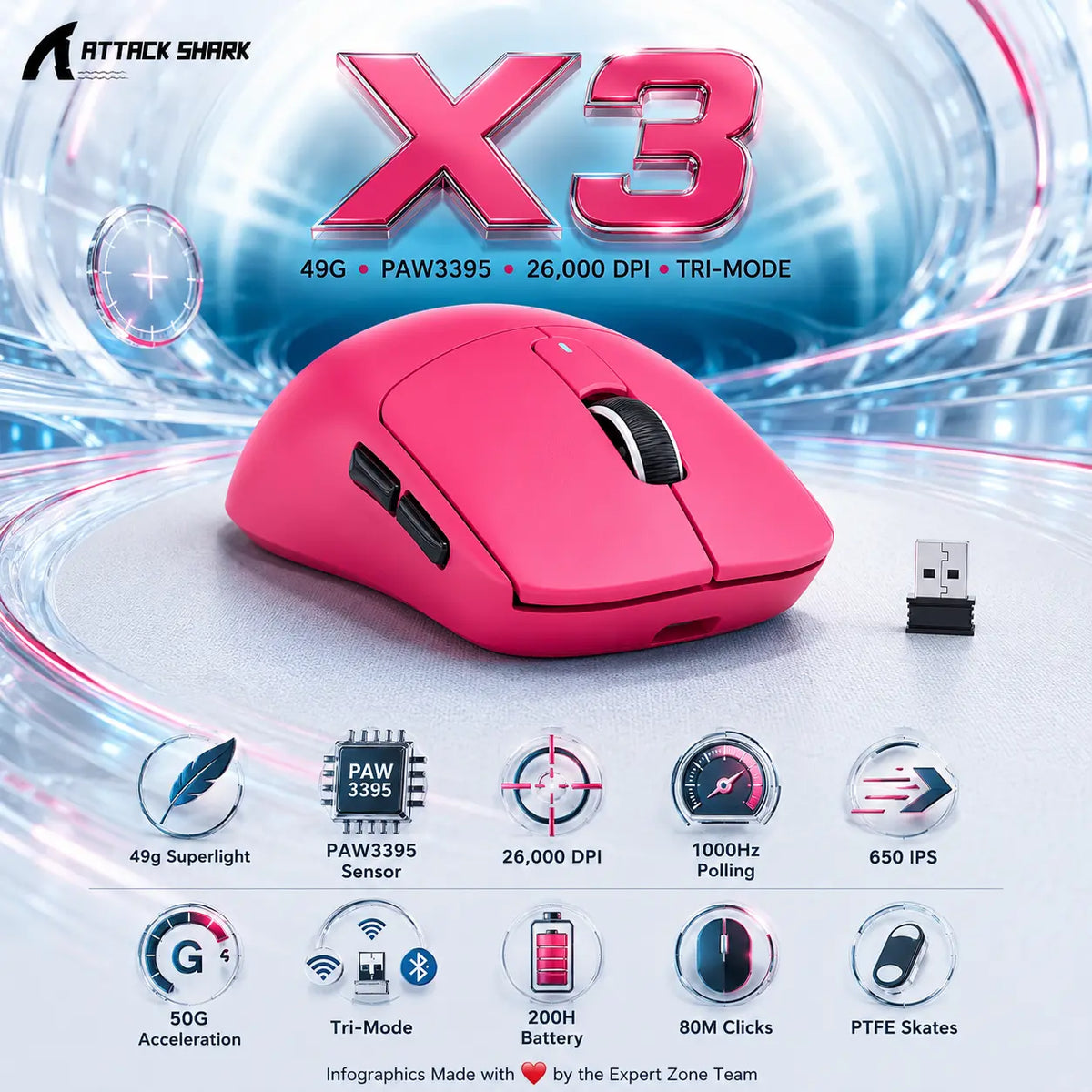 Attack Shark X3 Wireless Gaming Mouse – 49g, PAW3395, 26,000 DPI, 1000Hz, Tri-Mode BT/2.4G/Wired, 650 IPS, 50G, 200H Battery, Kailh GM 8.0, PTFE Skates | Berry Red