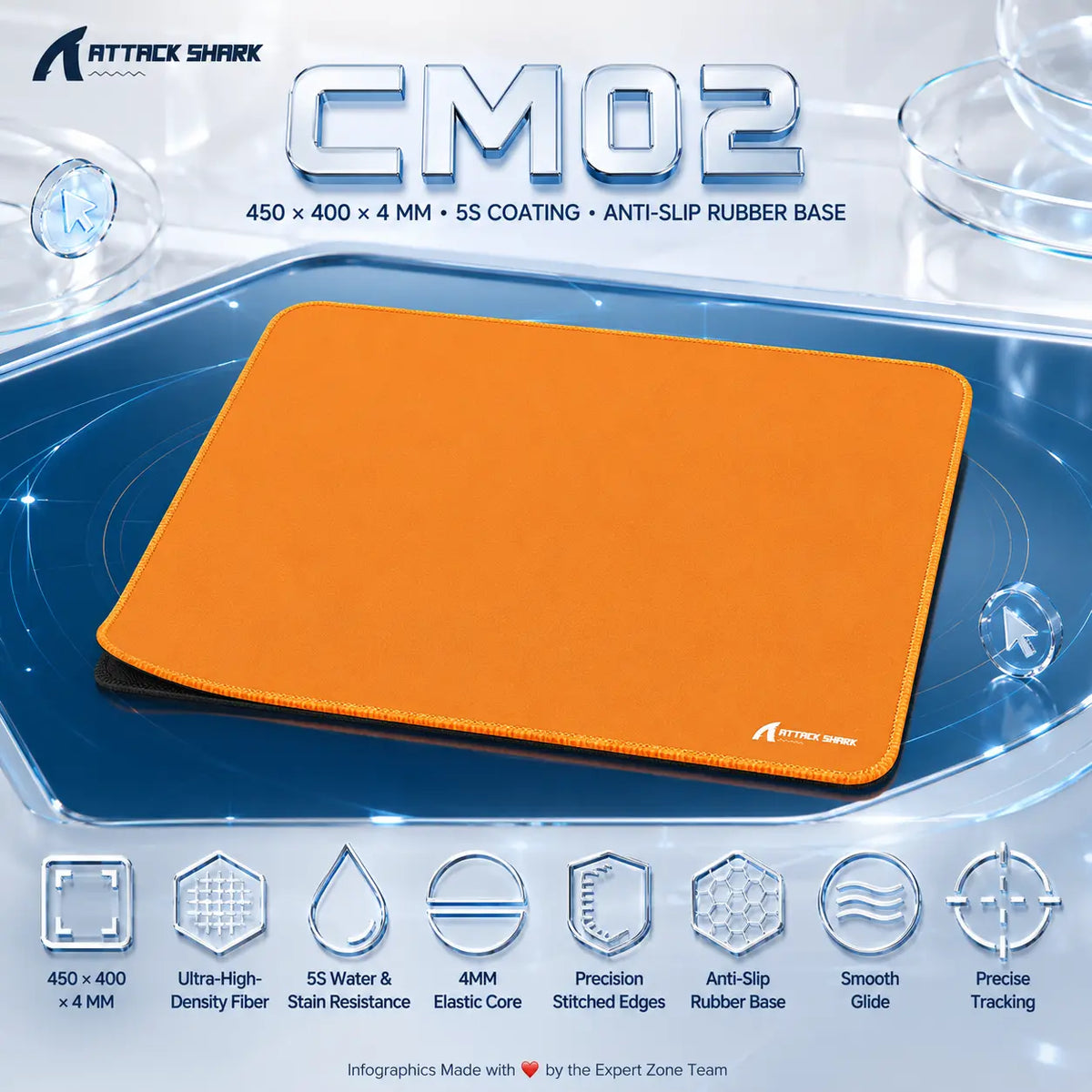 Attack Shark CM02 Orange Esports Mousepad – 450 × 400 × 4mm, Ultra-High-Density Fiber, 5S Water & Stain Resistance, Fine Stitched Edges, Anti-Slip Rubber Base and Precise Tracking