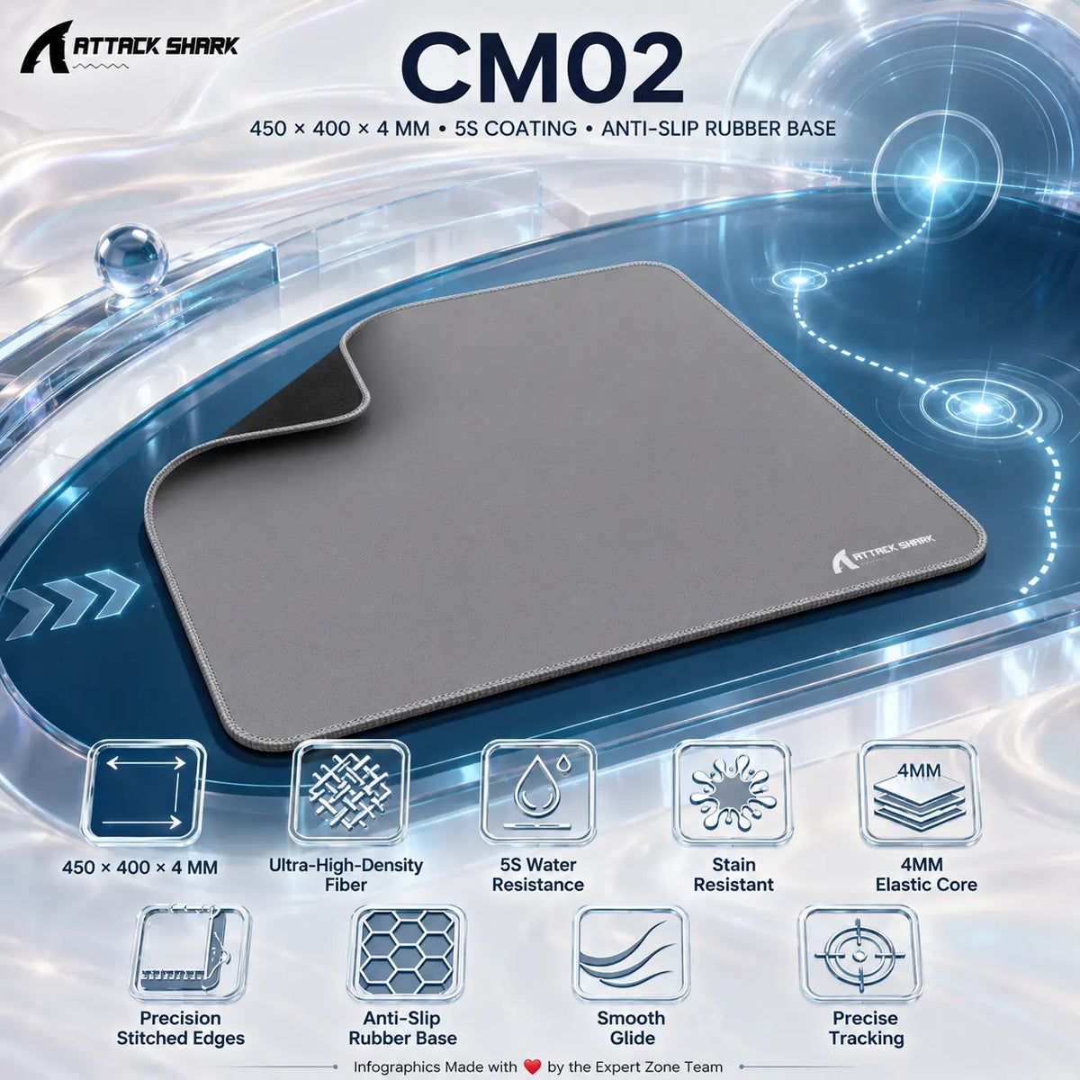 Attack Shark CM02 Gray Esports Mousepad – 450 × 400 × 4mm, Ultra-High-Density Fiber, 5S Water & Stain Resistance, Stitched Edges and Anti-Slip Rubber Base