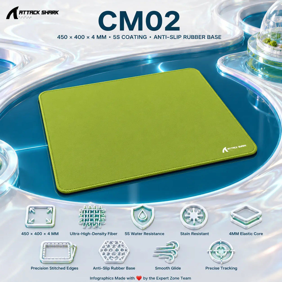 Attack Shark CM02 Green Esports Gaming Mousepad – 450 × 400 × 4mm, Ultra-High-Density Fiber, 5S Water & Stain Resistance, Stitched Edges and Anti-Slip Rubber Base