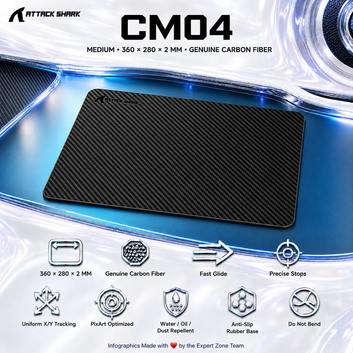 Attack Shark CM04 Genuine Carbon Fiber Gaming Mousepad – Medium 360 × 280 × 2mm, Speed-Control Surface, PixArt-Optimized Tracking, Water/Oil/Dust Repellent, Anti-Slip Base