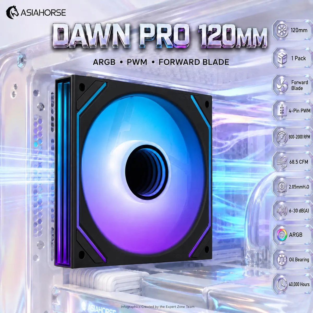 ASIAHORSE DAWN PRO ARGB 120mm Case Fan, 1-Pack Forward Blade, 4-Pin PWM, 800–2000 RPM, 68.5 CFM, 2.05mmH2O, 6–30 dB(A), Hydraulic Bearing | BLACK