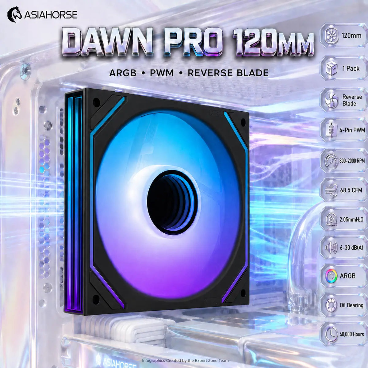 ASIAHORSE DAWN PRO ARGB 120mm Case Fan, 1-Pack Reverse Blade, 4-Pin PWM, 800–2000 RPM, 68.5 CFM, 2.05mmH2O, 6–30 dB(A), Hydraulic Bearing | BLACK