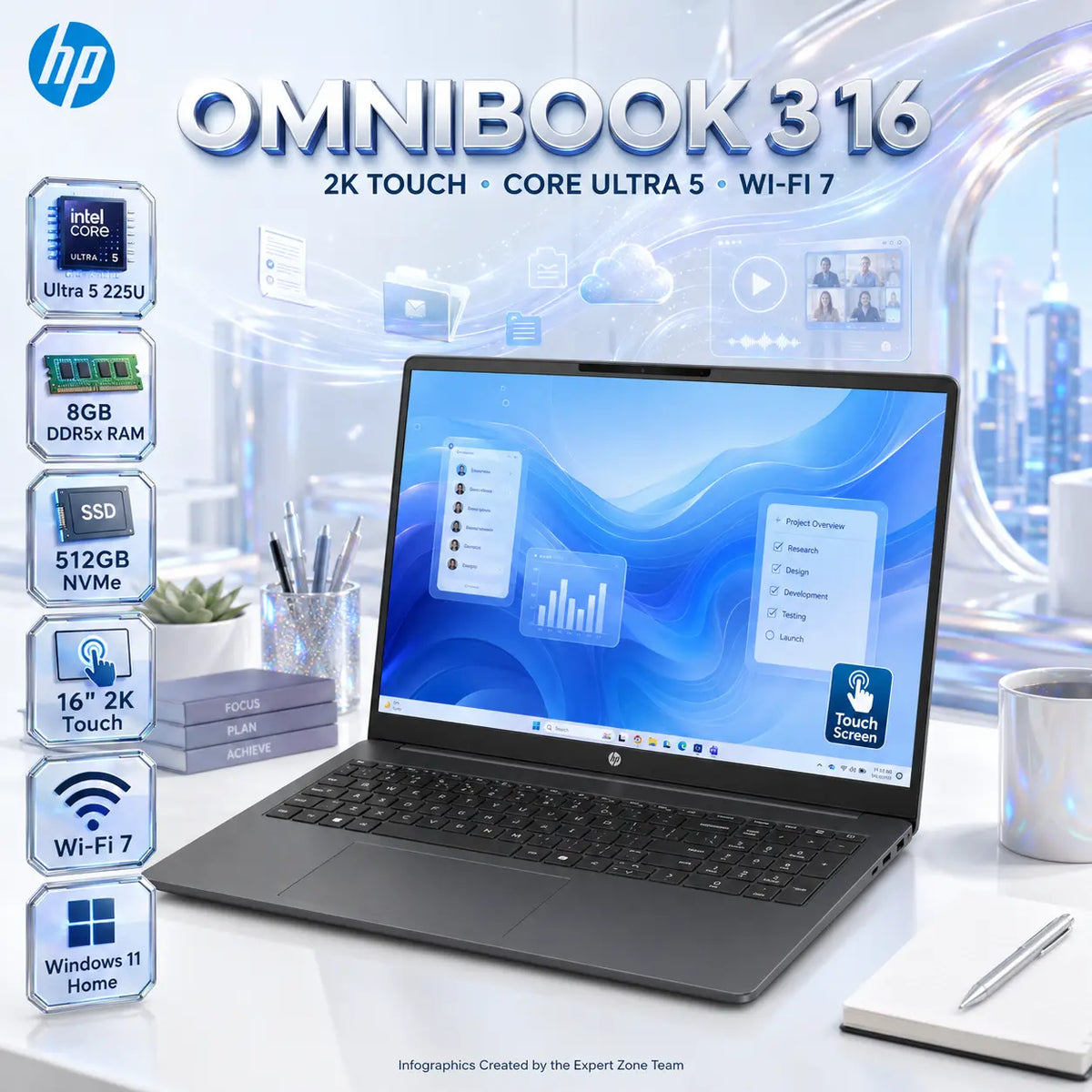HP OmniBook 3: Intel® Core Ultra 5 225U | 8 GB DDR5x-7467 MTs DDR5 RAM , 512GB NVMe | Intel® Graphics | 16-inch 2K Touch Display | Windows 11 | MICA SILVER ~ 16-bu0305dx