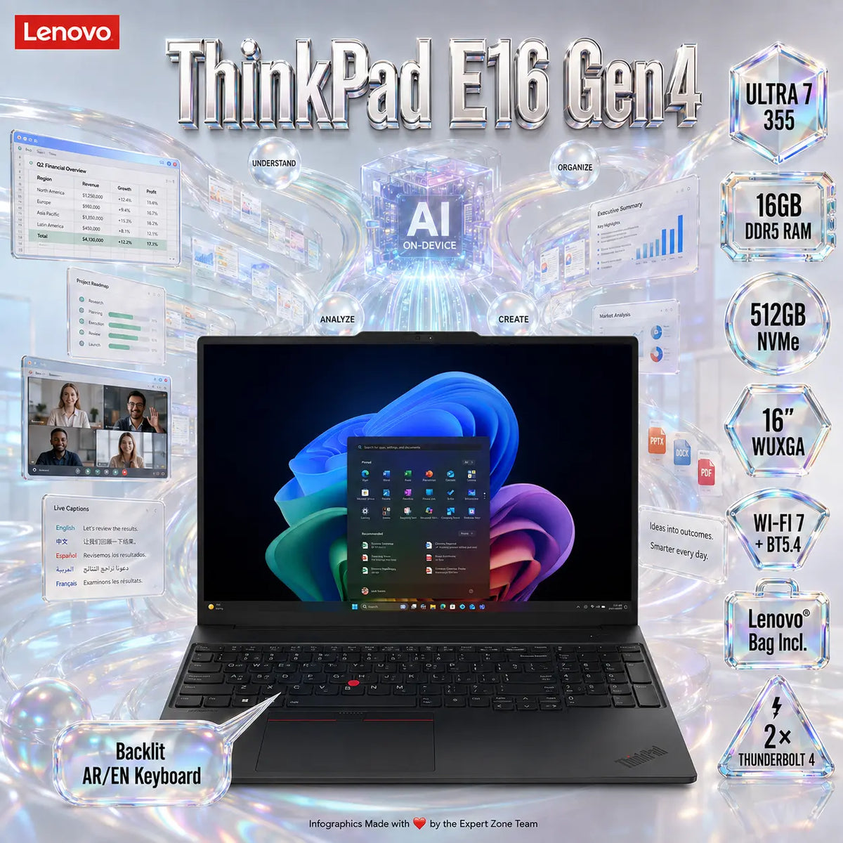 ThinkPad E16 Gen 4 : Intel Core Ultra 7 355 | 16GB DDR5-5600 RAM ; 512GB NVMe | Intel® Graphics | 16-inch WUXGA IPS Display | Backlit AR/EN Keyboard | Lenovo® Bag Incl. | DOS | BLACK