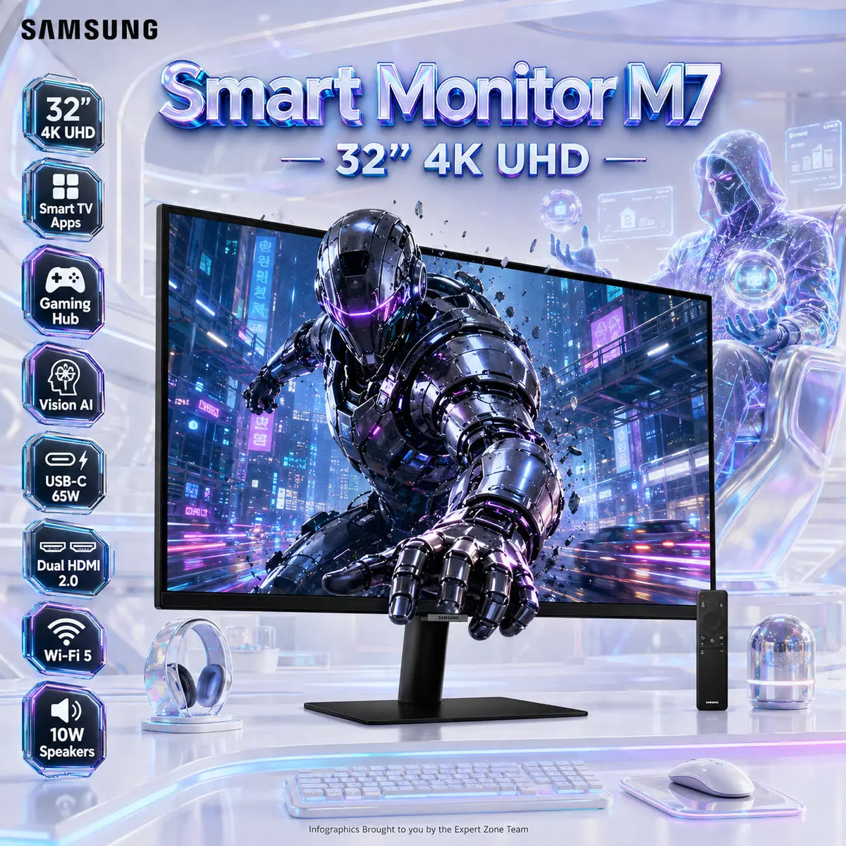 Samsung Smart Monitor M7 M70F 32-Inch 4K UHD VA – 60Hz, 4ms, HDR10, Tizen Smart TV Apps, Gaming Hub, USB-C 65W, Dual HDMI 2.0, Wi-Fi 5 & Bluetooth 5.2 | LS32FM702UUXXU