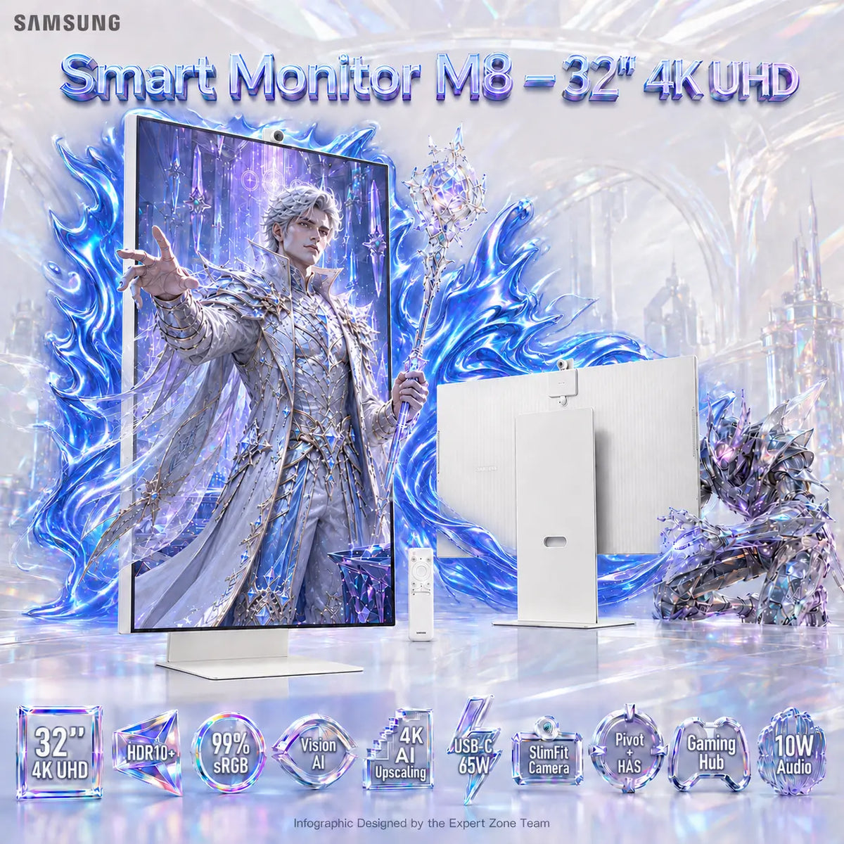 Samsung Smart Monitor M8 M80F 32-Inch 4K UHD VA – HDR10+, 99% sRGB, Vision AI, Gaming Hub, USB-C 65W, SlimFit Camera, Wi-Fi 5, Pivot Stand | WHITE ~ LS32FM801UUXXU