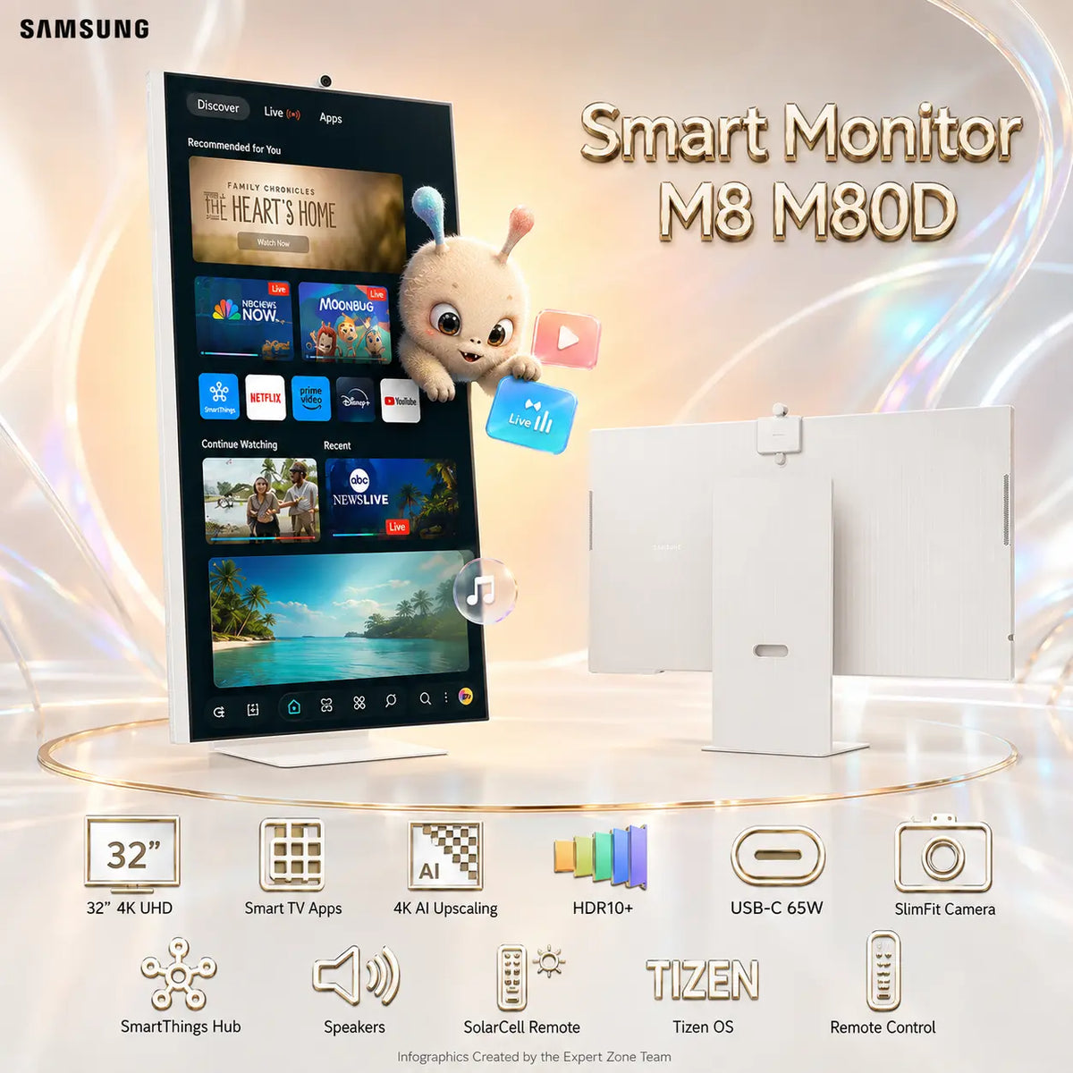 Samsung Smart Monitor M8 M80D 32-inch 4K UHD Smart Display with Remote Control – HDR10+, USB-C 65W, Smart TV Apps, SlimFit Camera, Speakers, SolarCell Remote, Wi‑Fi 5 & Tizen | WHITE