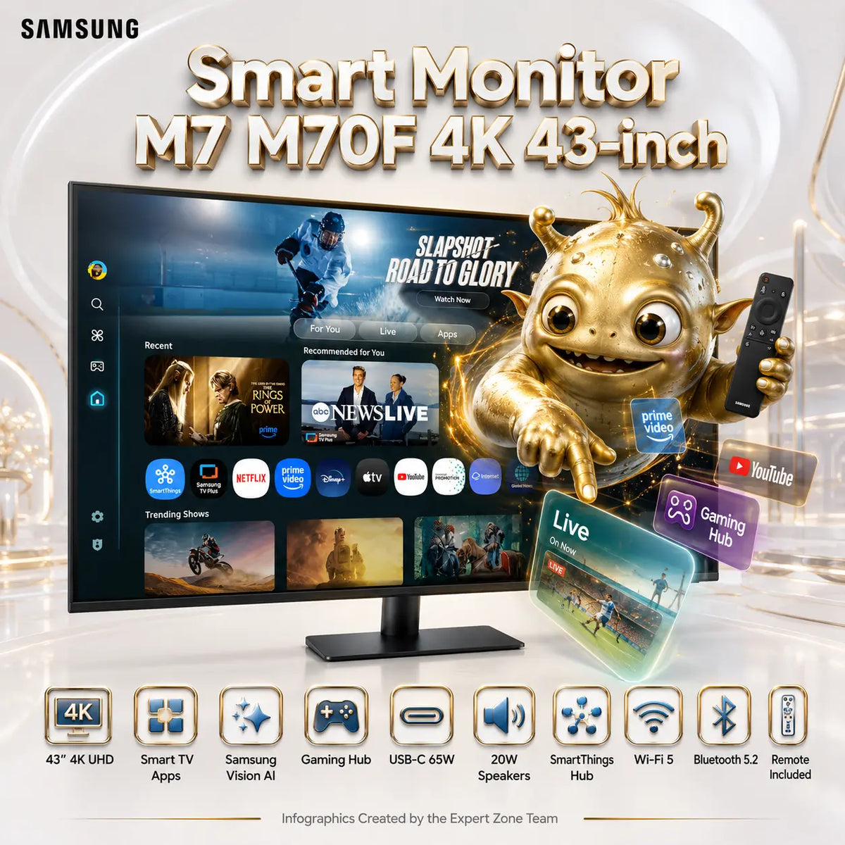 Samsung Smart Monitor M7 M70F 43-inch 4K UHD Smart Display – Tizen, Smart TV Apps, Gaming Hub, HDR10, USB‑C 65W, 20W Speakers, Wi‑Fi 5, Bluetooth 5.2 & Remote | LS43FM702UUXXU