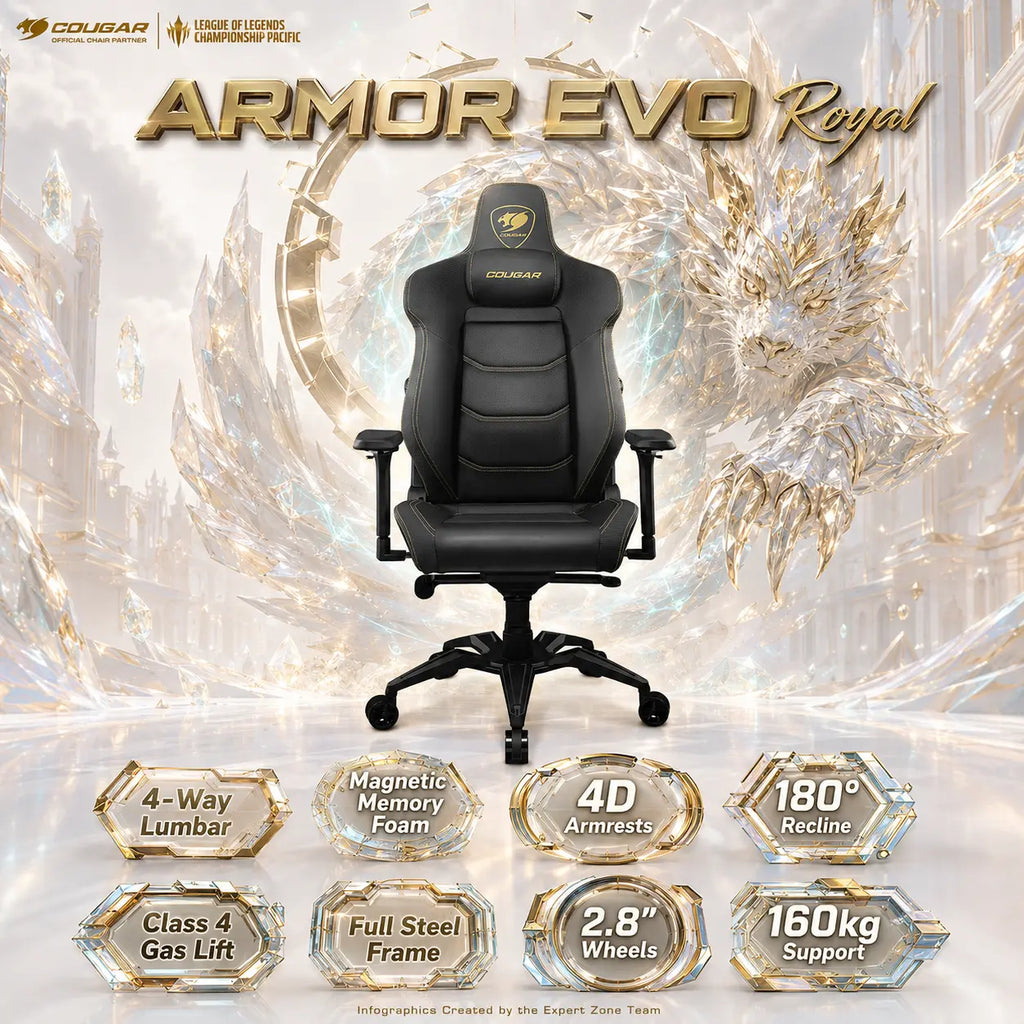 COUGAR ARMOR EVO Royal Gaming Chair –  4-Way Lumbar Support, Magnetic Memory Foam Pillow, 4D Armrests, 180° Recline & 160kg Support | Black & Gold